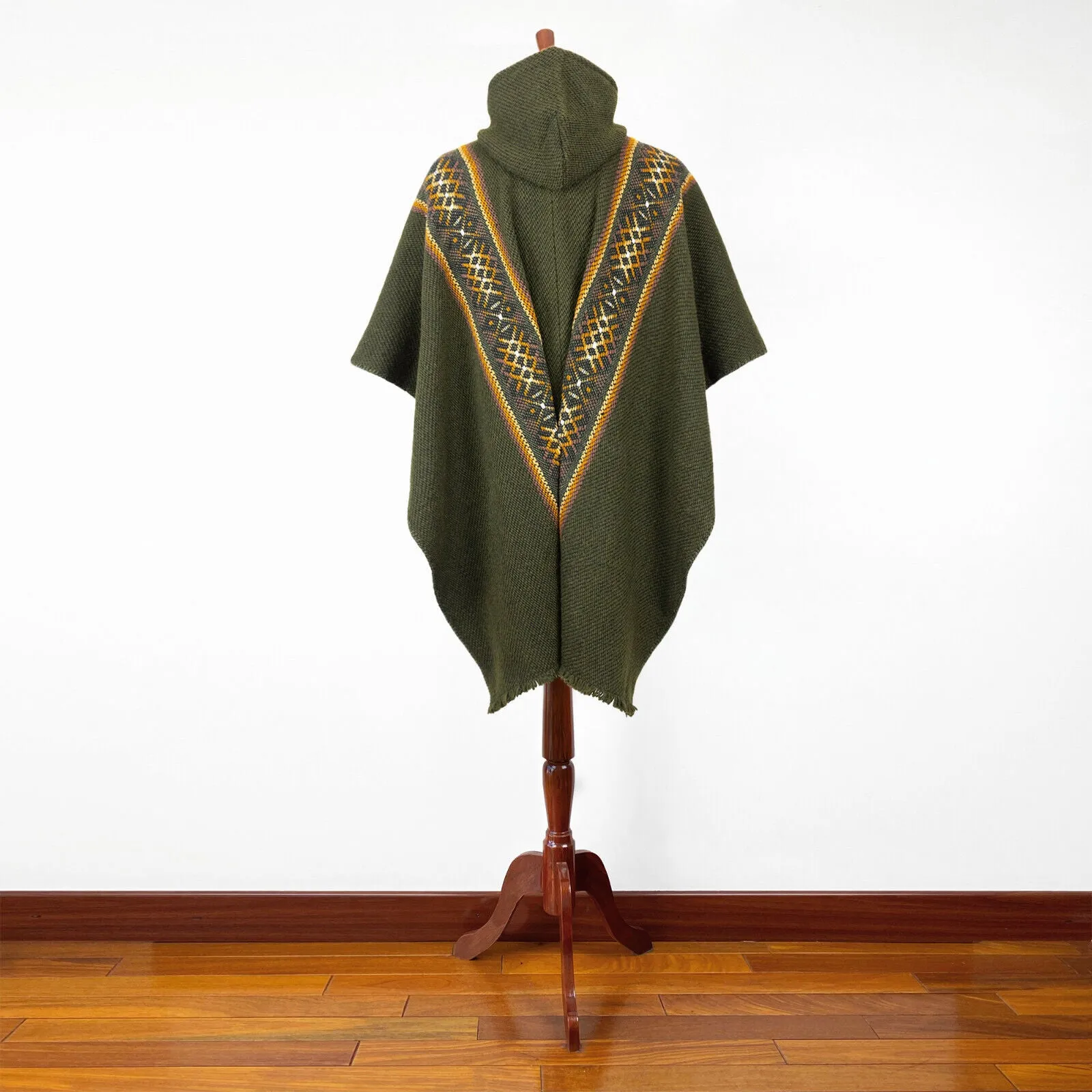 Pucabamba - Llama Wool Unisex South American Handwoven Thick Hooded Poncho - striped - khaki/green