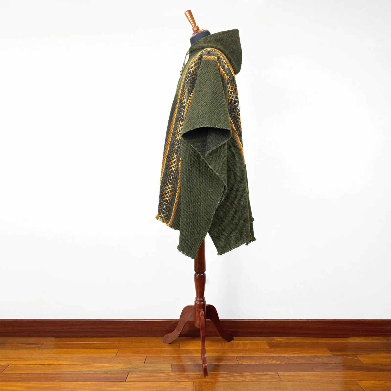 Pucabamba - Llama Wool Unisex South American Handwoven Thick Hooded Poncho - striped - khaki/green