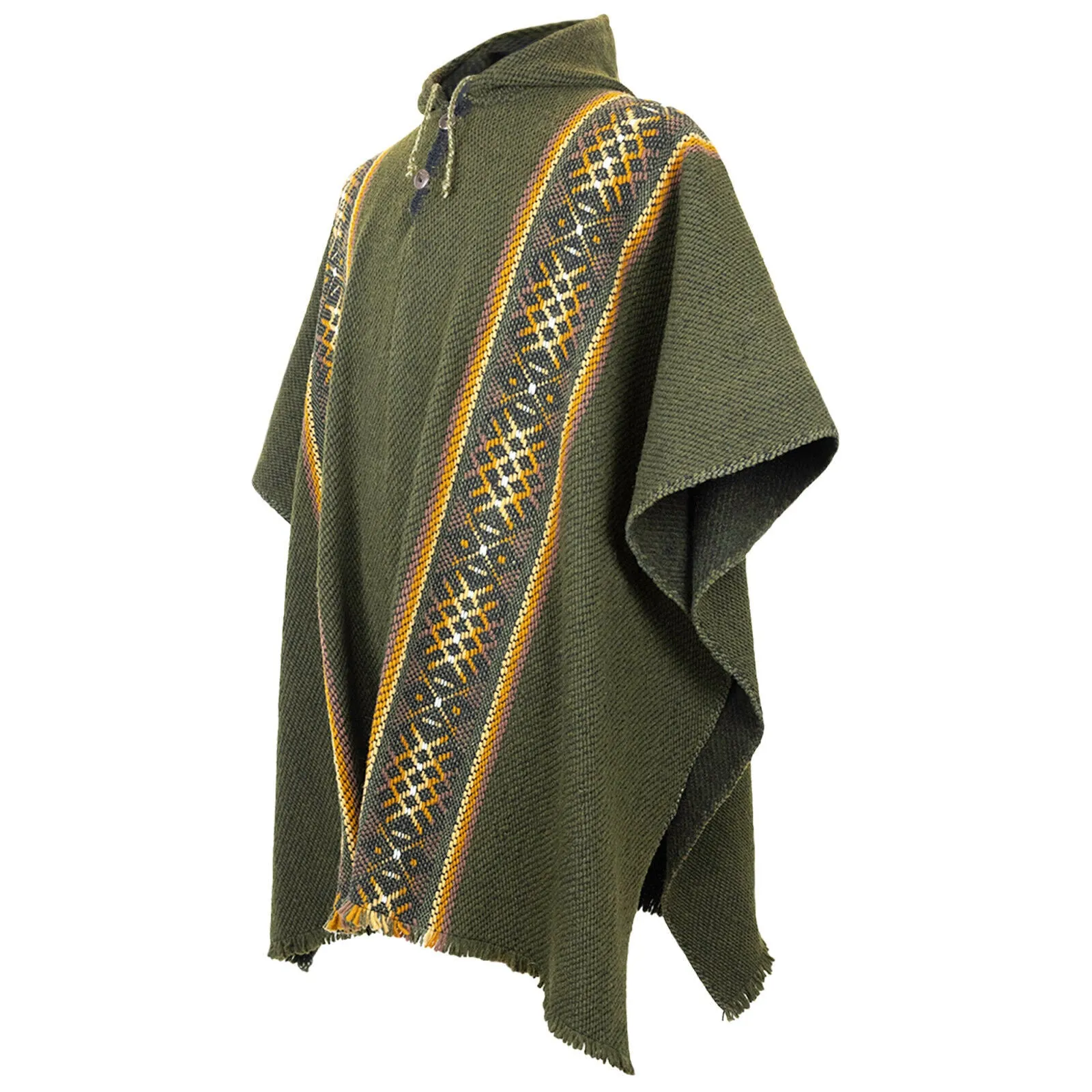 Pucabamba - Llama Wool Unisex South American Handwoven Thick Hooded Poncho - striped - khaki/green