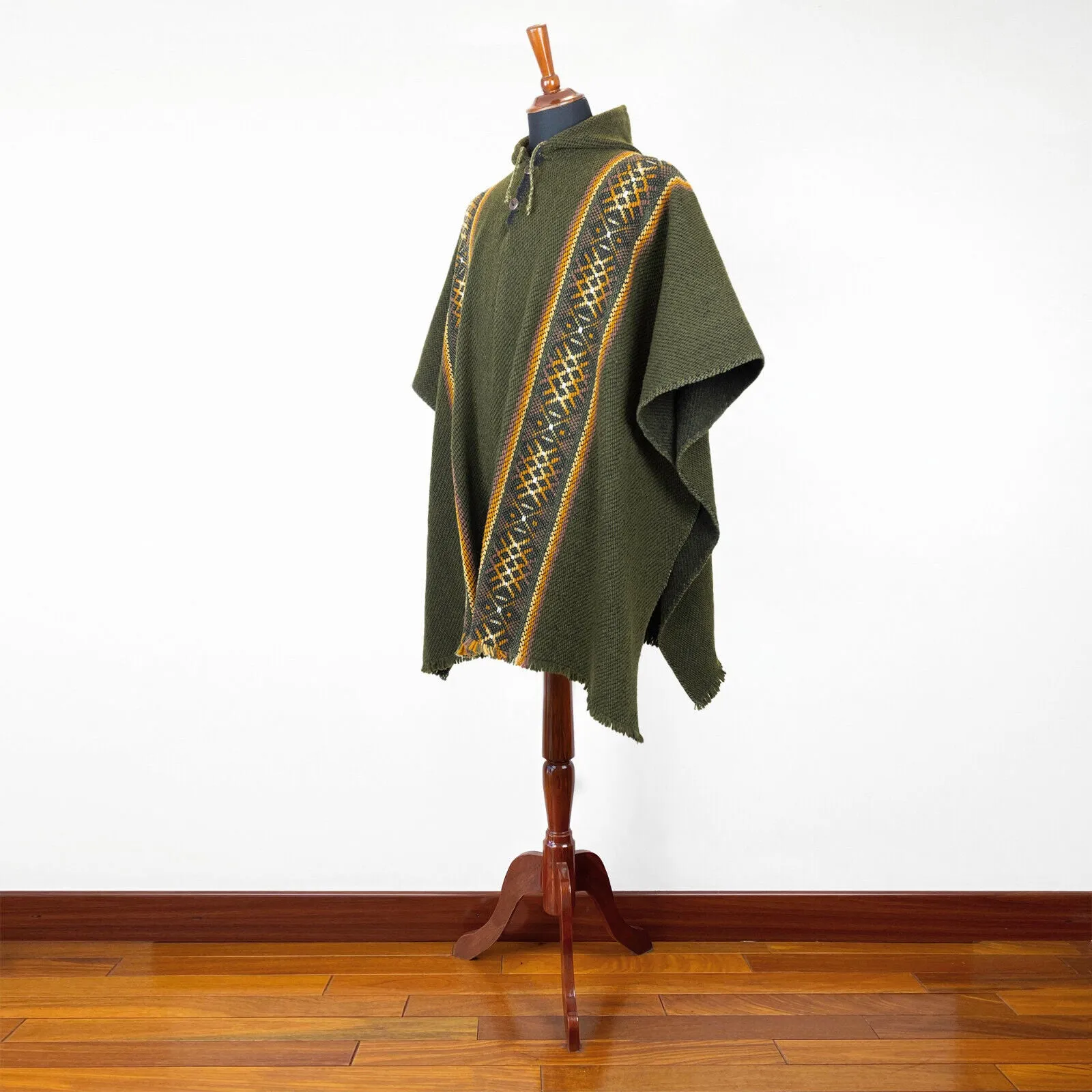 Pucabamba - Llama Wool Unisex South American Handwoven Thick Hooded Poncho - striped - khaki/green