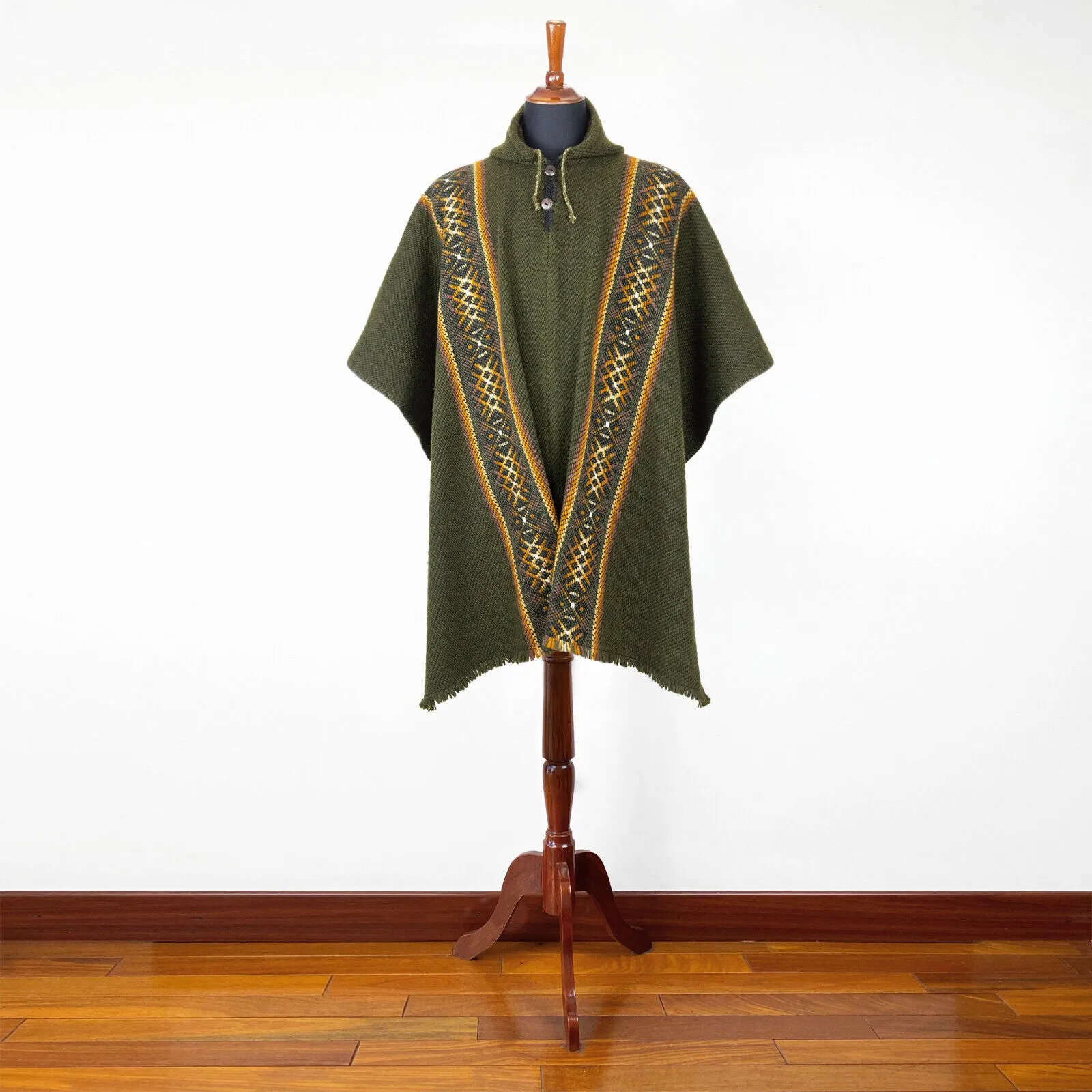 Pucabamba - Llama Wool Unisex South American Handwoven Thick Hooded Poncho - striped - khaki/green