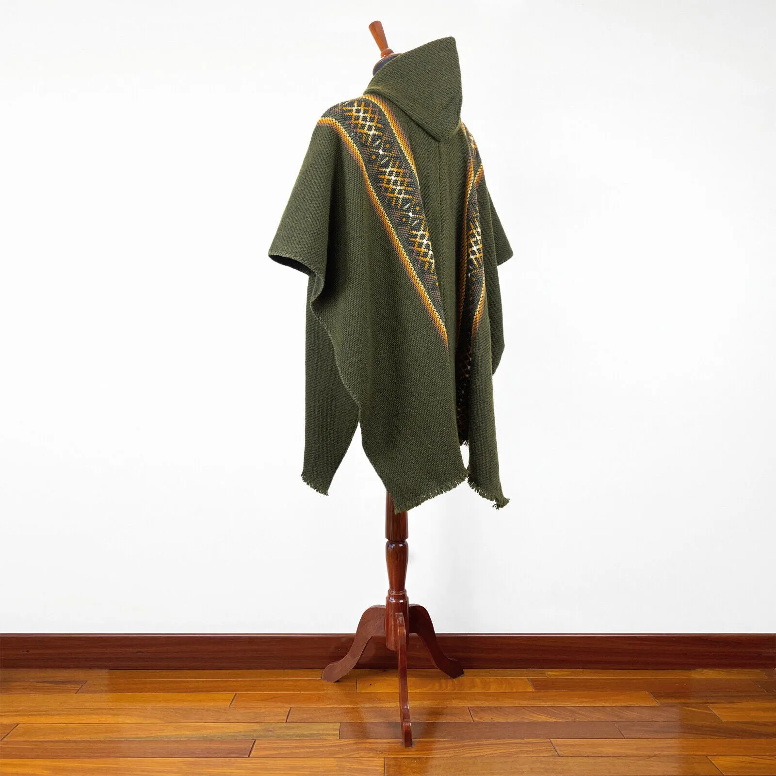 Pucabamba - Llama Wool Unisex South American Handwoven Thick Hooded Poncho - striped - khaki/green