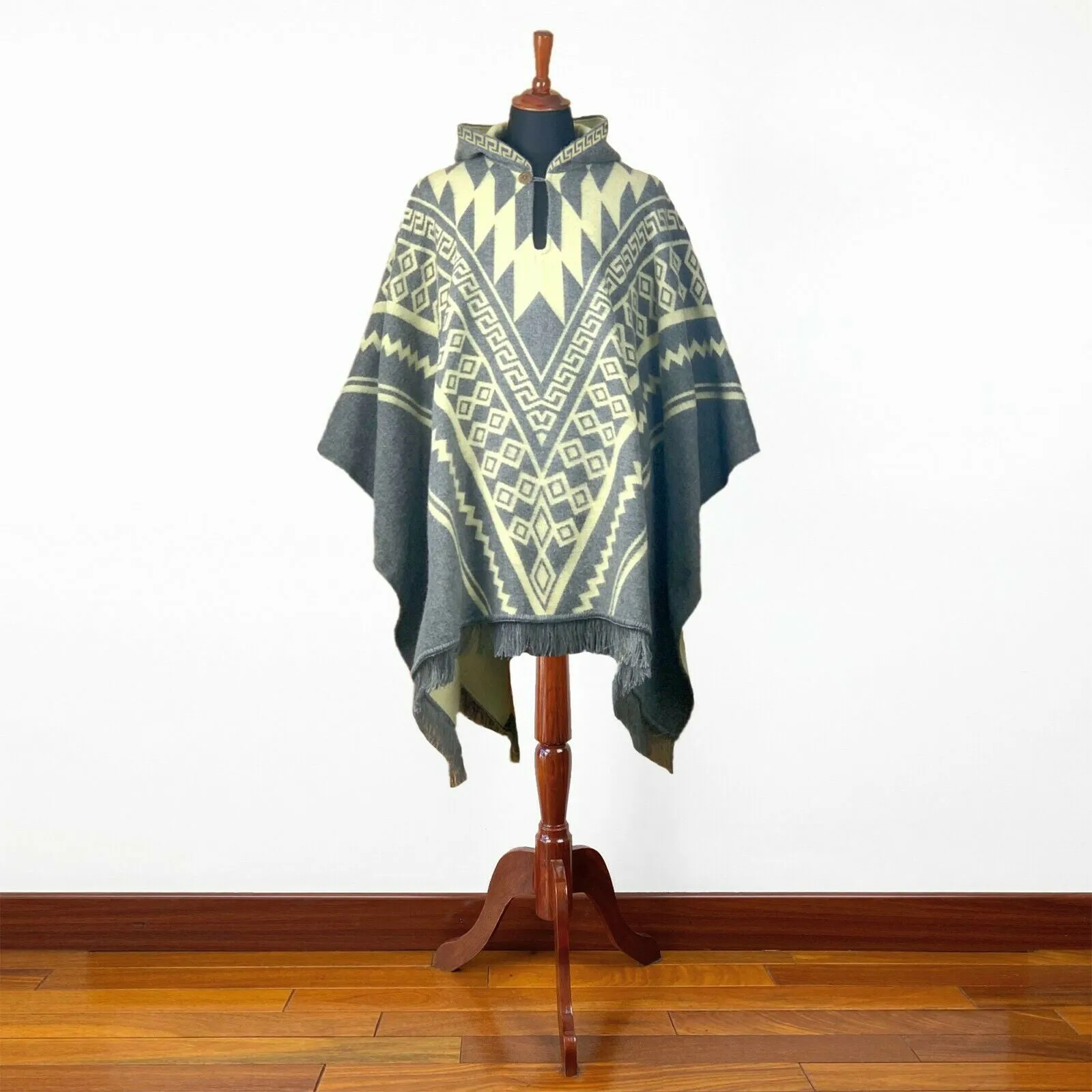 Quimi - Baby Alpaca wool Unisex Hooded Poncho Pullover S-XXL - Aztec pattern