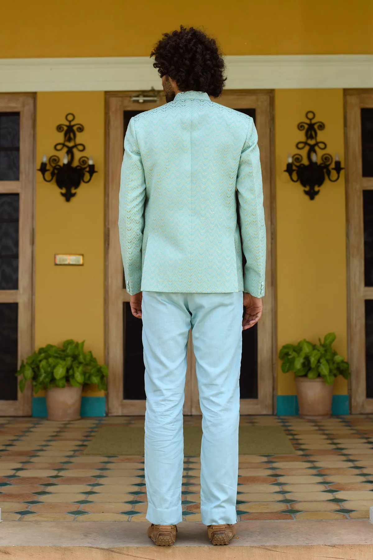 RAMEY -  Organic Cotton Dobby  Blue Jodhpuri paired with Vegan Silk  trouser set