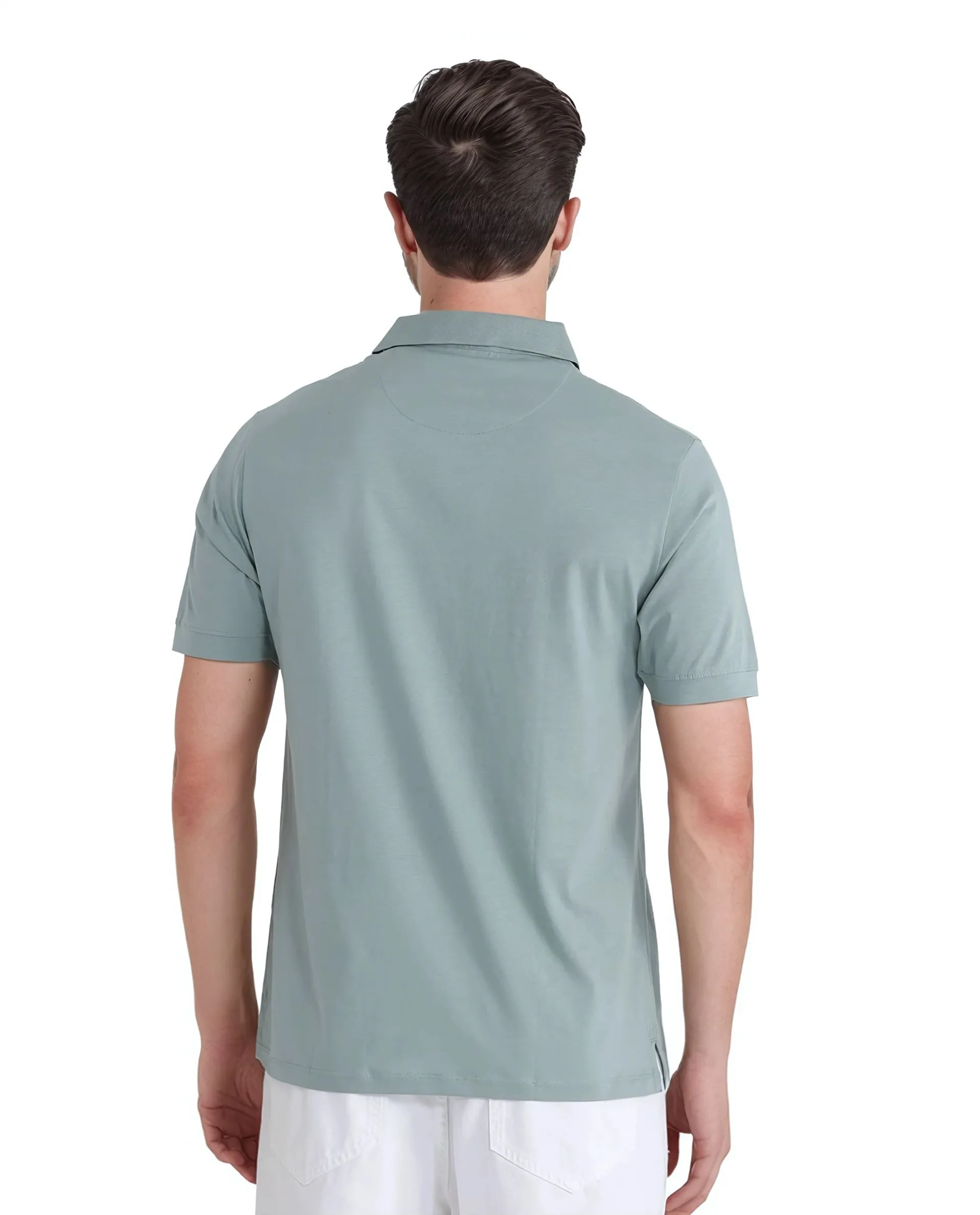 Rare Rabbit Men's Keneth-1 Light Teal Cotton Fabric Short Sleeve Collared Neck Button Closure Plain Polo