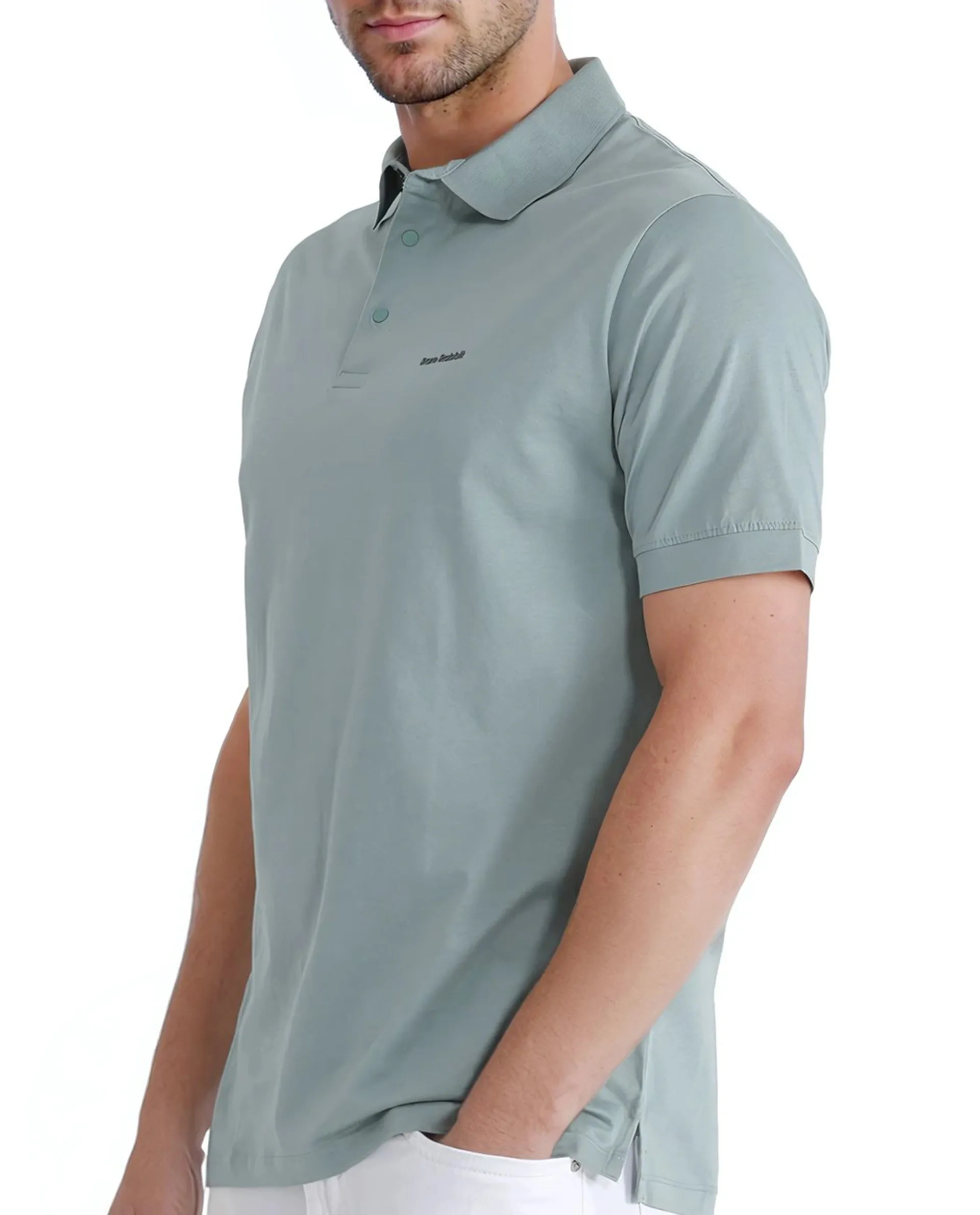 Rare Rabbit Men's Keneth-1 Light Teal Cotton Fabric Short Sleeve Collared Neck Button Closure Plain Polo