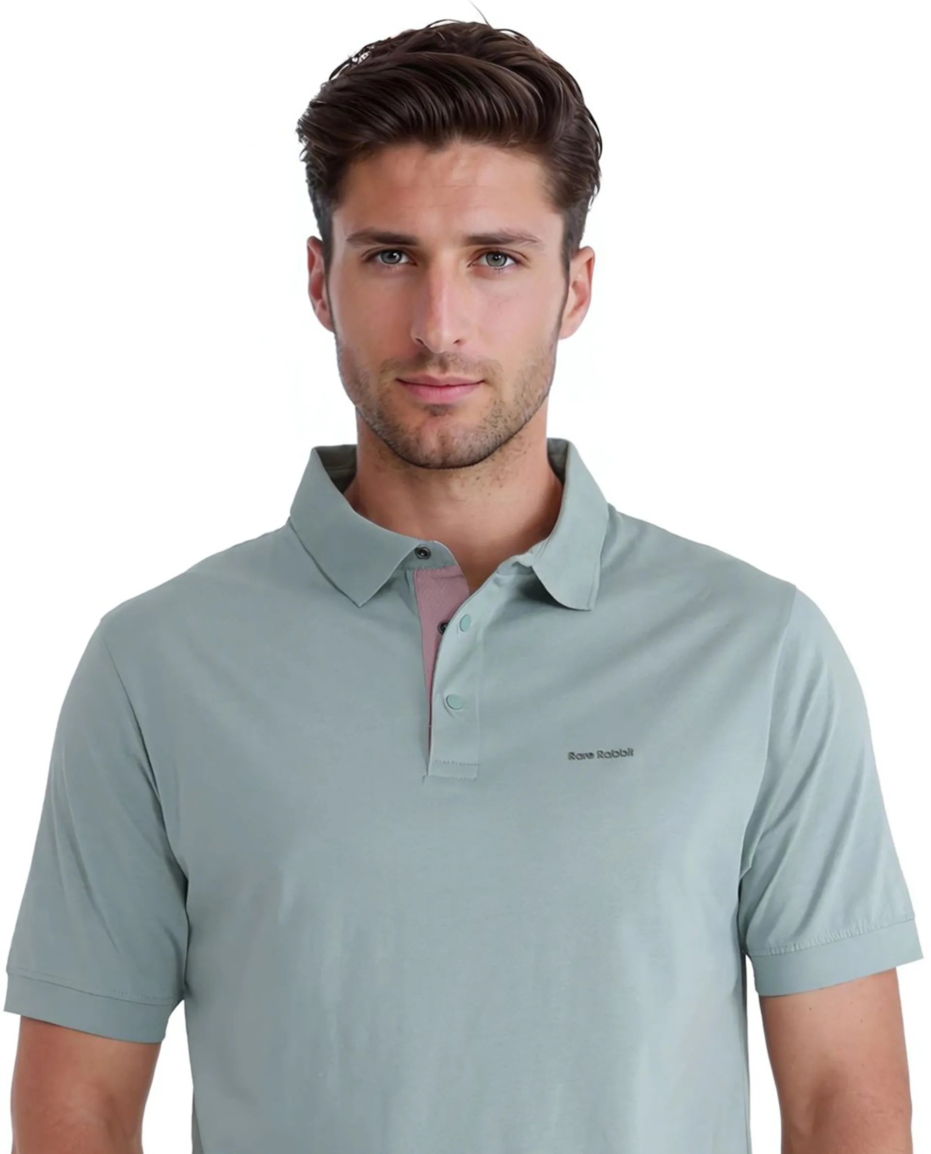 Rare Rabbit Men's Keneth-1 Light Teal Cotton Fabric Short Sleeve Collared Neck Button Closure Plain Polo