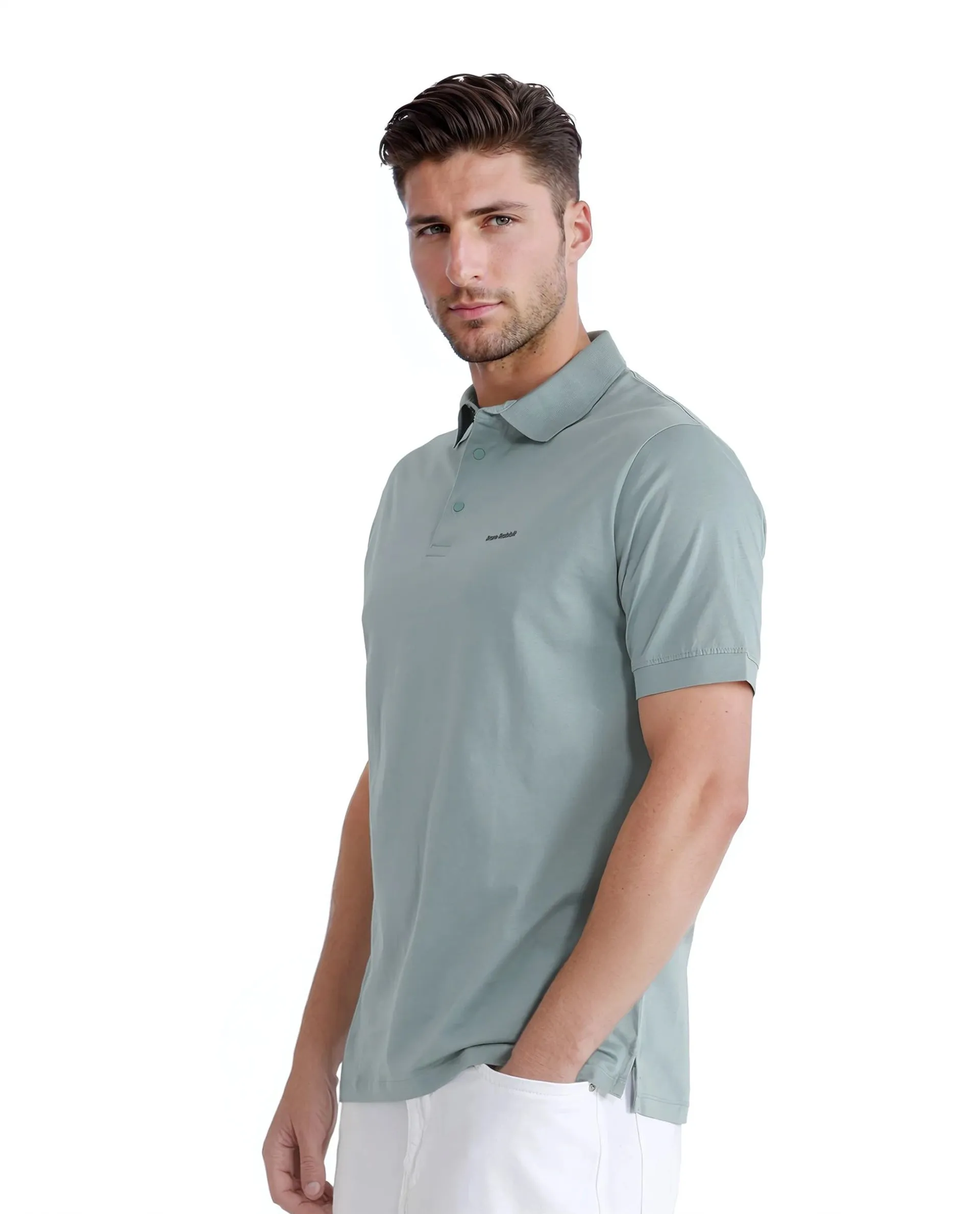 Rare Rabbit Men's Keneth-1 Light Teal Cotton Fabric Short Sleeve Collared Neck Button Closure Plain Polo