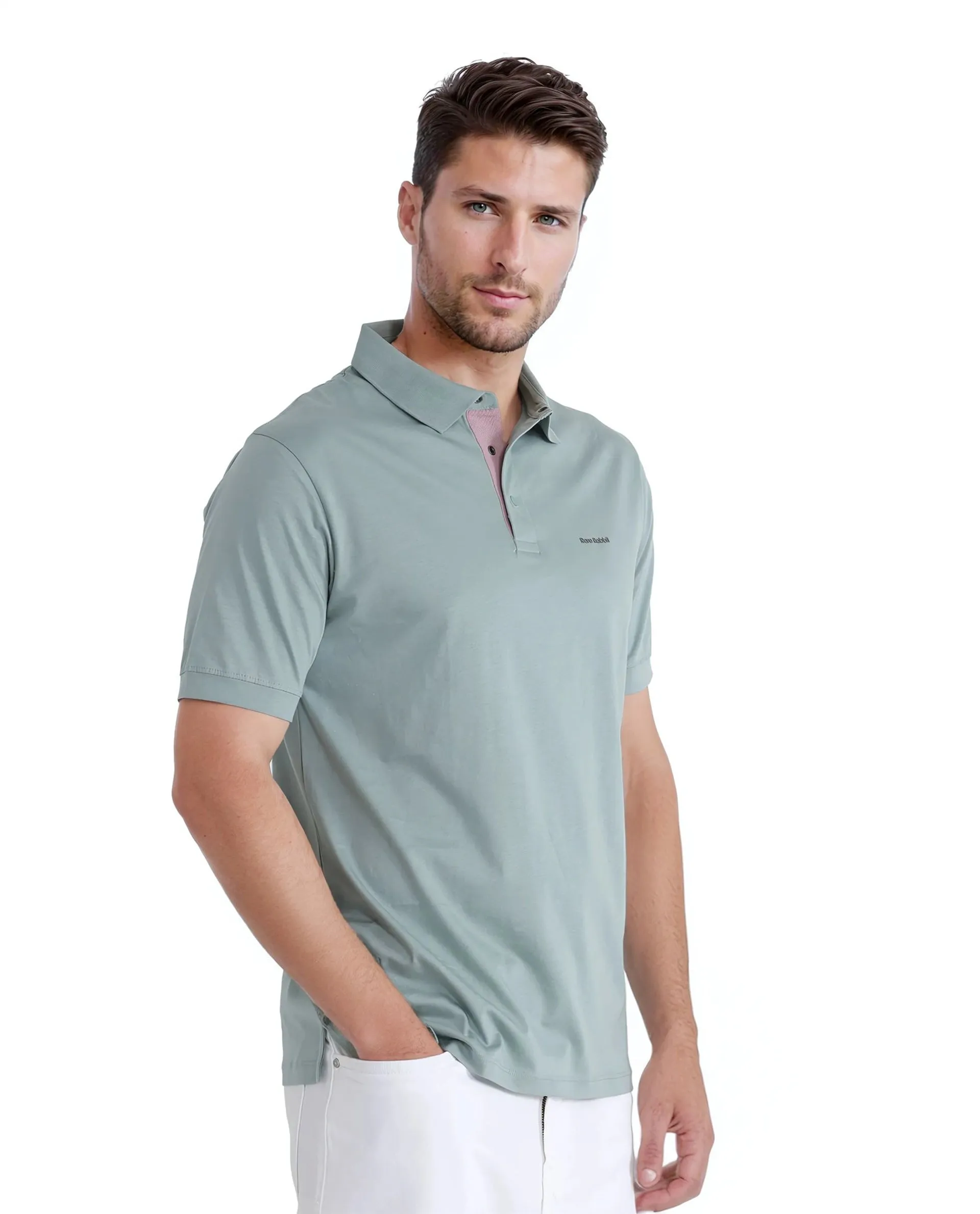 Rare Rabbit Men's Keneth-1 Light Teal Cotton Fabric Short Sleeve Collared Neck Button Closure Plain Polo