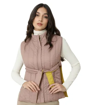 Rareism Women Aurora Pink Polyester Fabric Sleeveless Solid High Neck Jacket