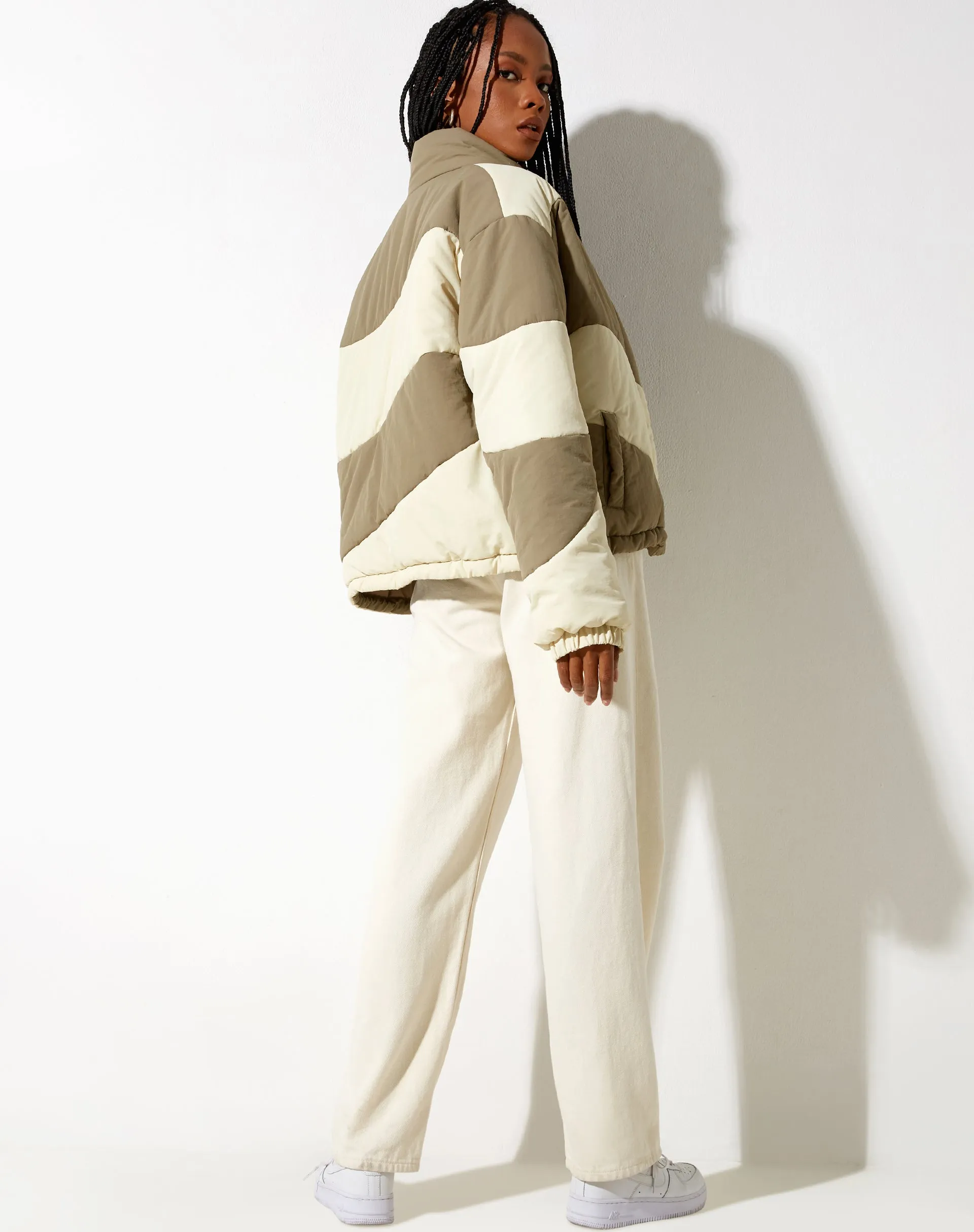 Renee Puffa Jacket in Panelled Cream and Taupe