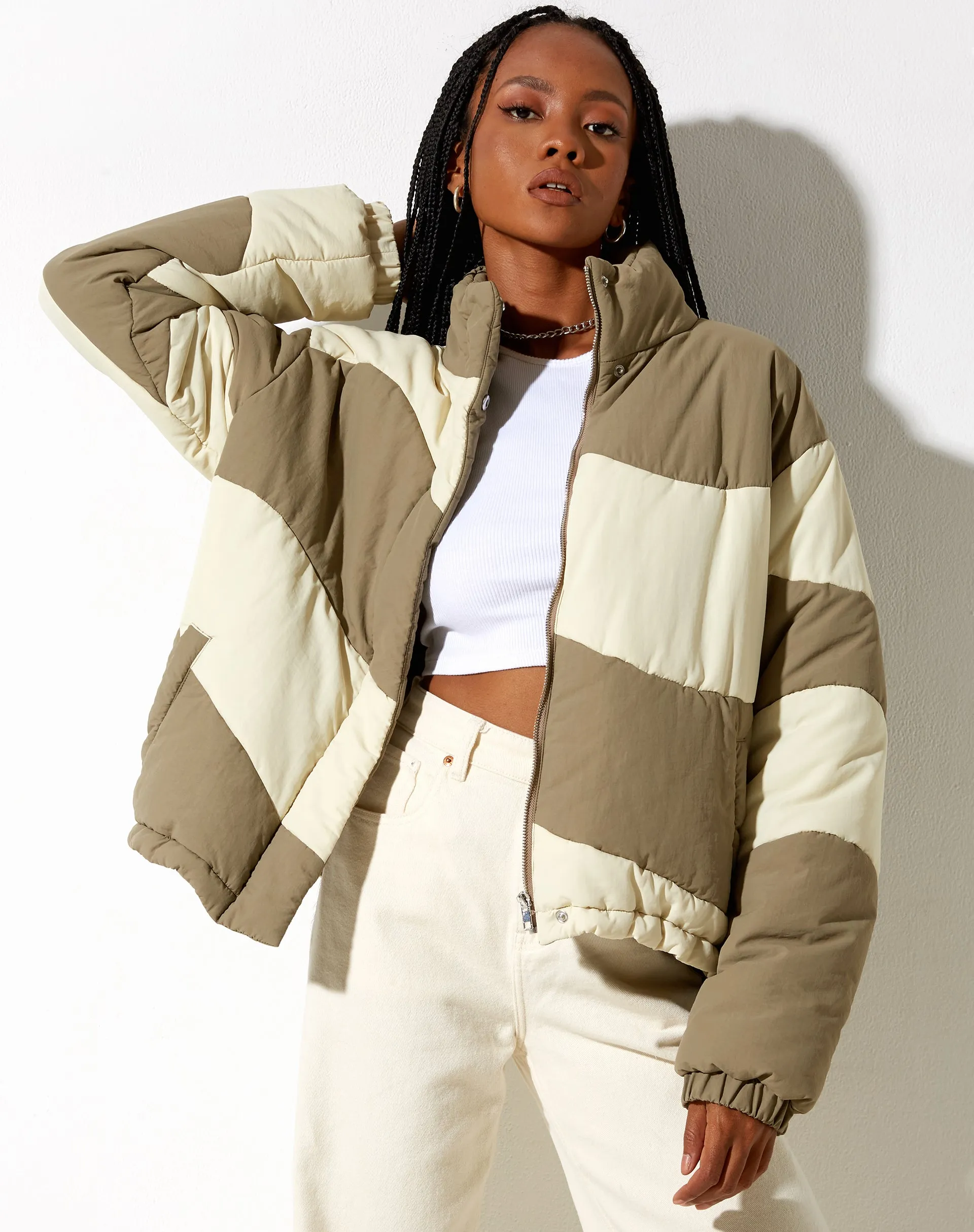 Renee Puffa Jacket in Panelled Cream and Taupe