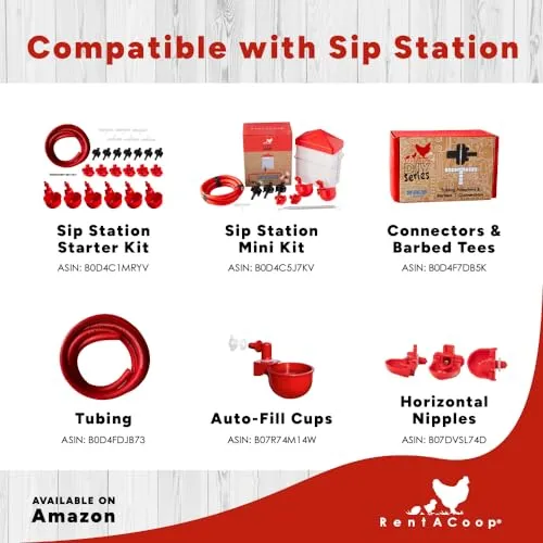 RentACoop DIY Sip Station Watering System Mini Kit; includes Tubing, Brass Nozzles, Metal Auto-Fill Cups, Tubing Adaptors, T-Connectors, and 64oz bottle; Great for Chickens, Quail and Other Poultry