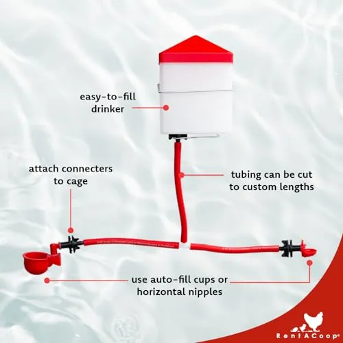RentACoop DIY Sip Station Watering System Mini Kit; includes Tubing, Brass Nozzles, Metal Auto-Fill Cups, Tubing Adaptors, T-Connectors, and 64oz bottle; Great for Chickens, Quail and Other Poultry