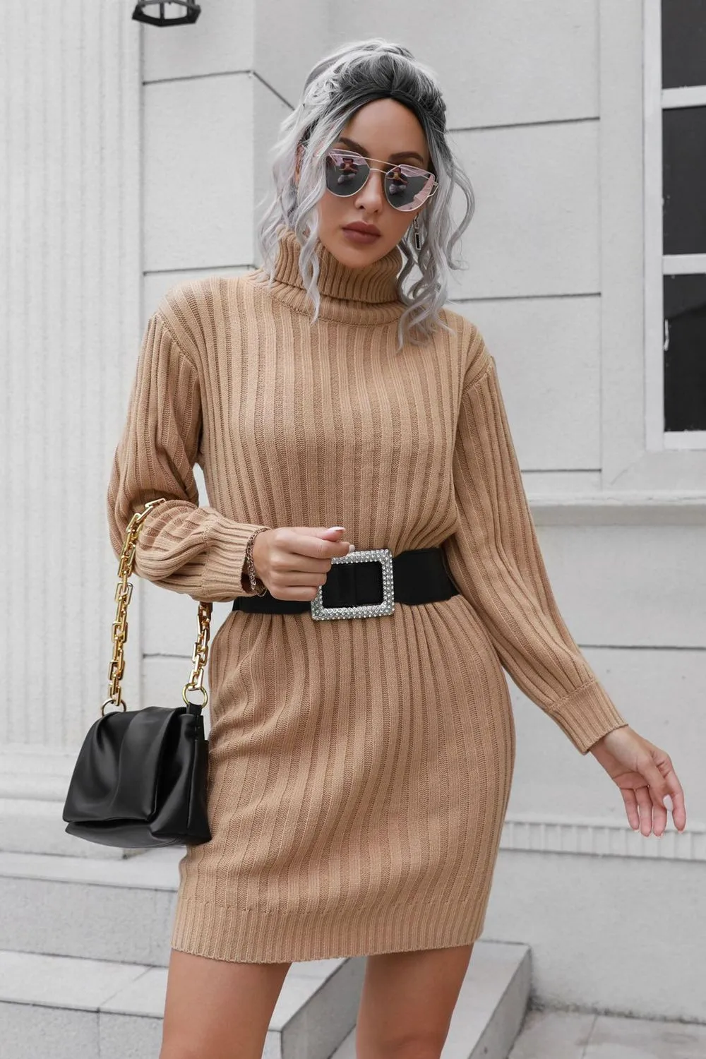 Ribbed Turtle Neck Long Sleeve Mini Sweater Dress