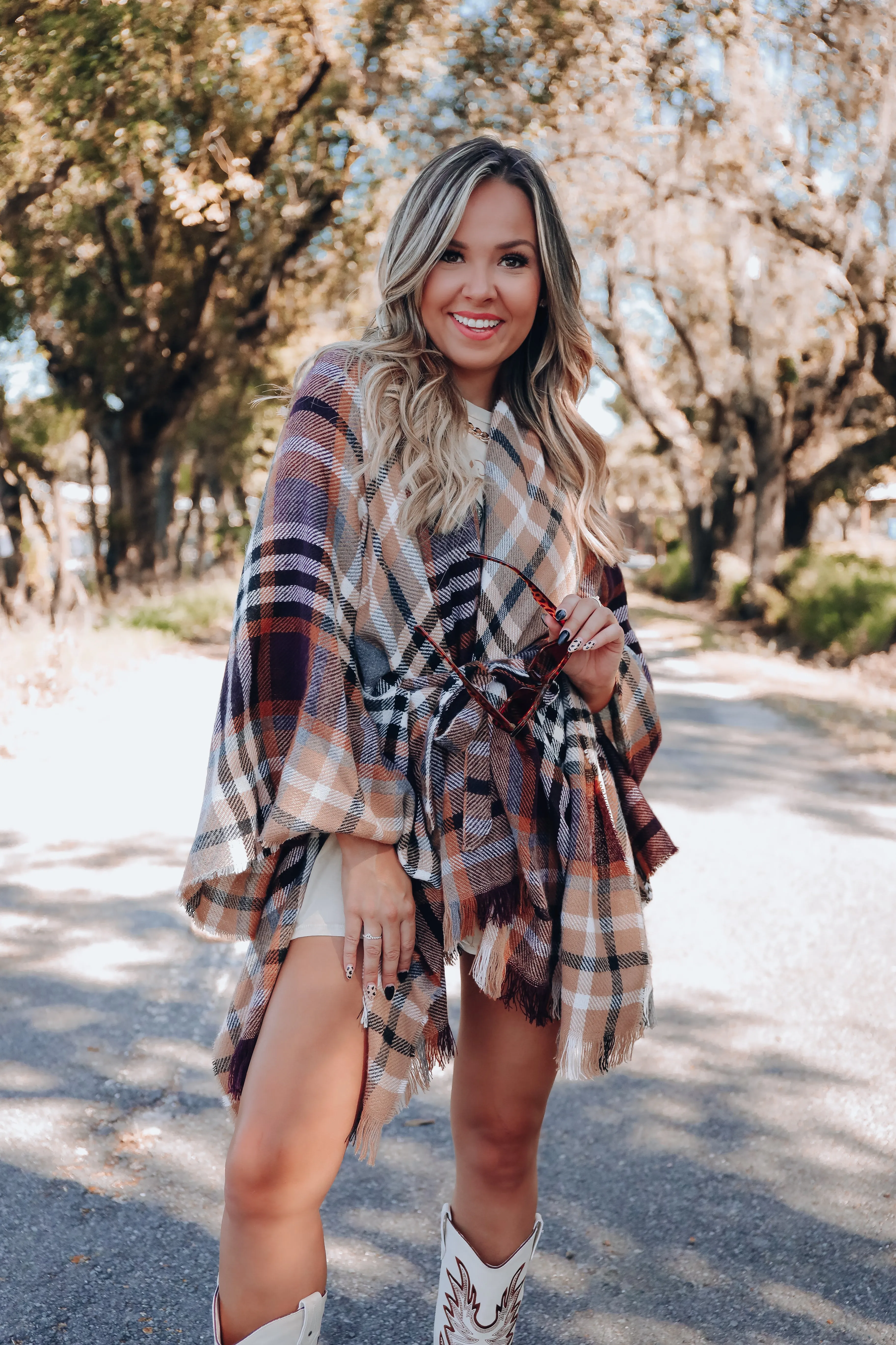 Ruana Belted Plaid Poncho - Black/Camel