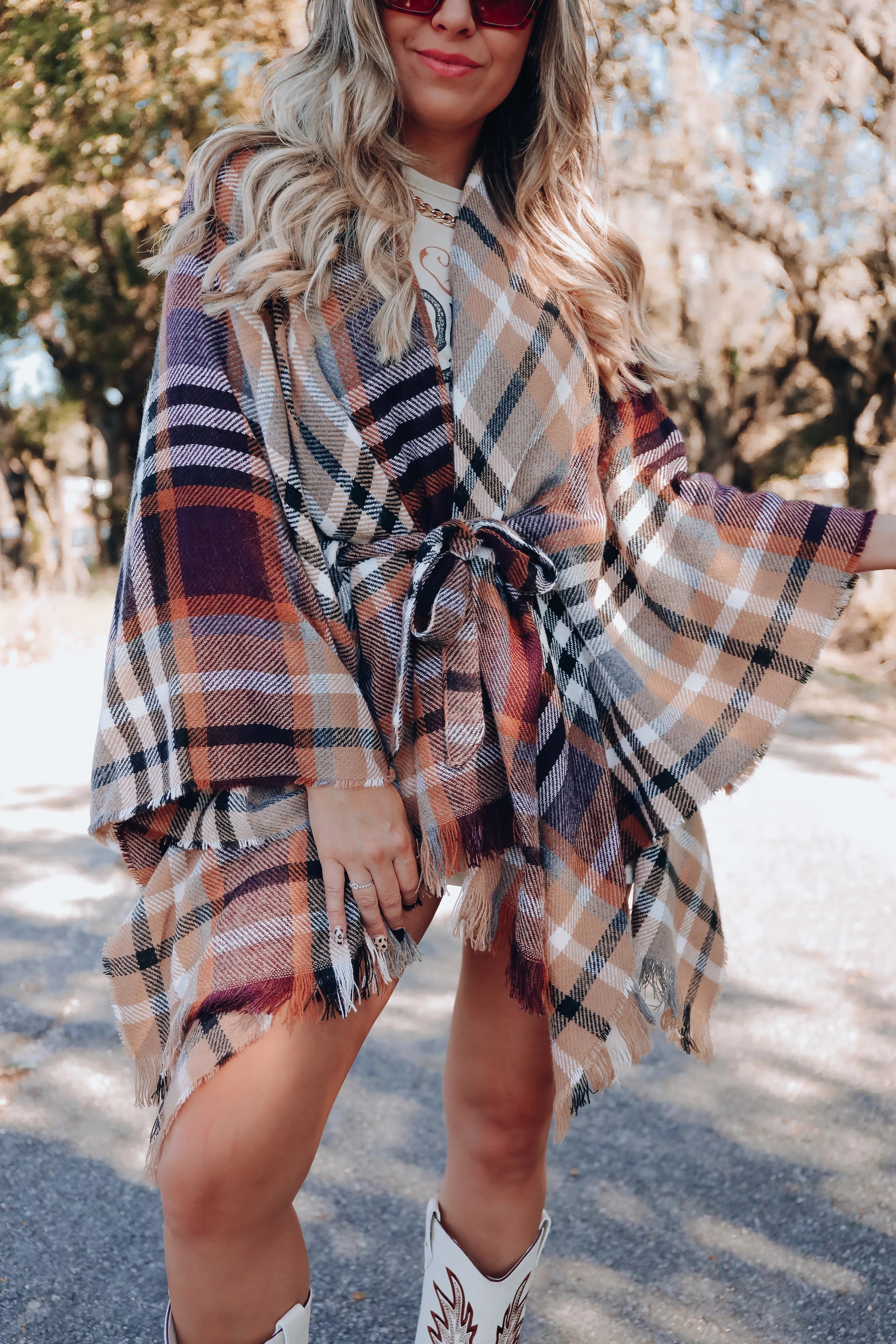 Ruana Belted Plaid Poncho - Black/Camel