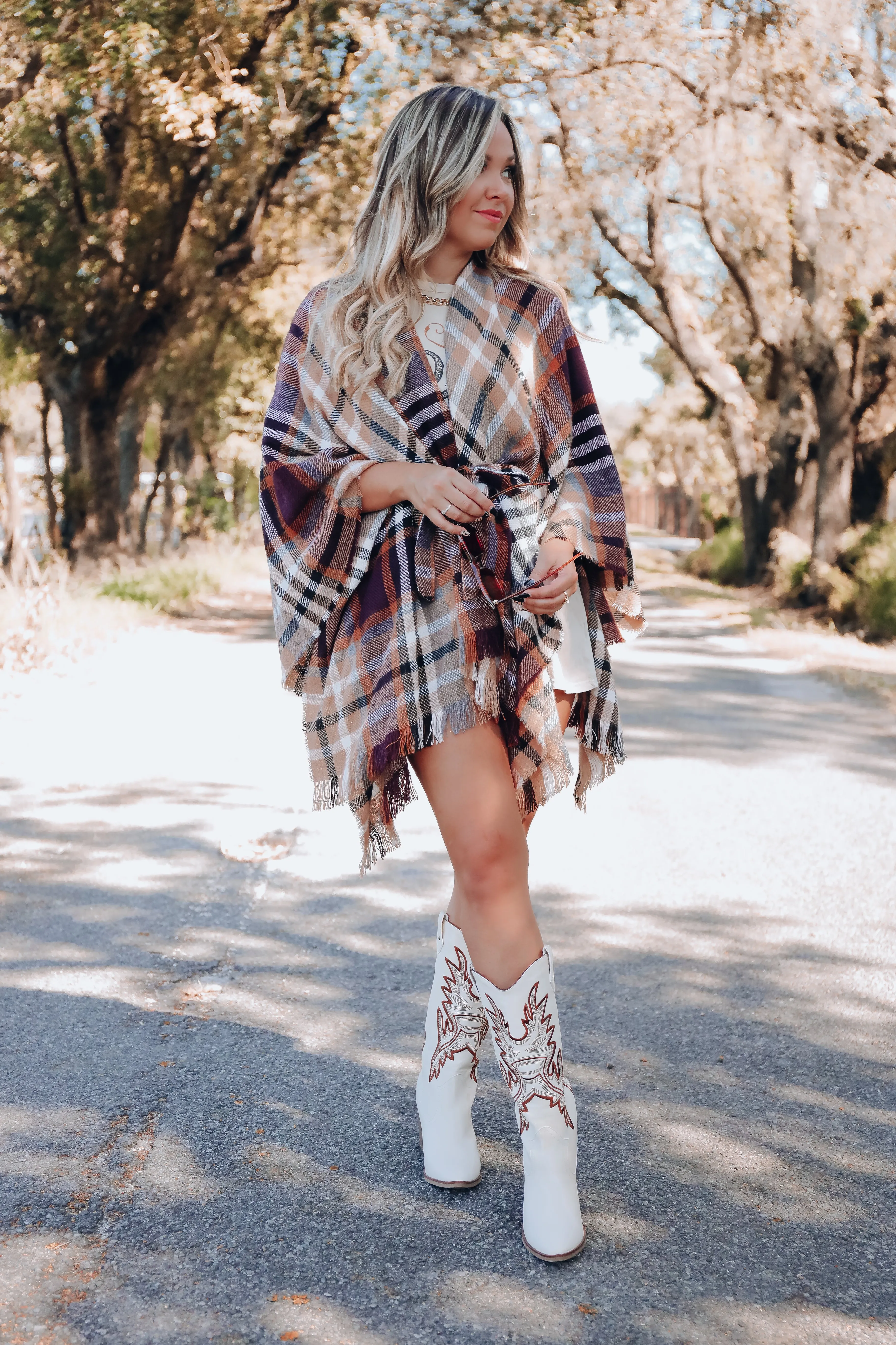 Ruana Belted Plaid Poncho - Black/Camel