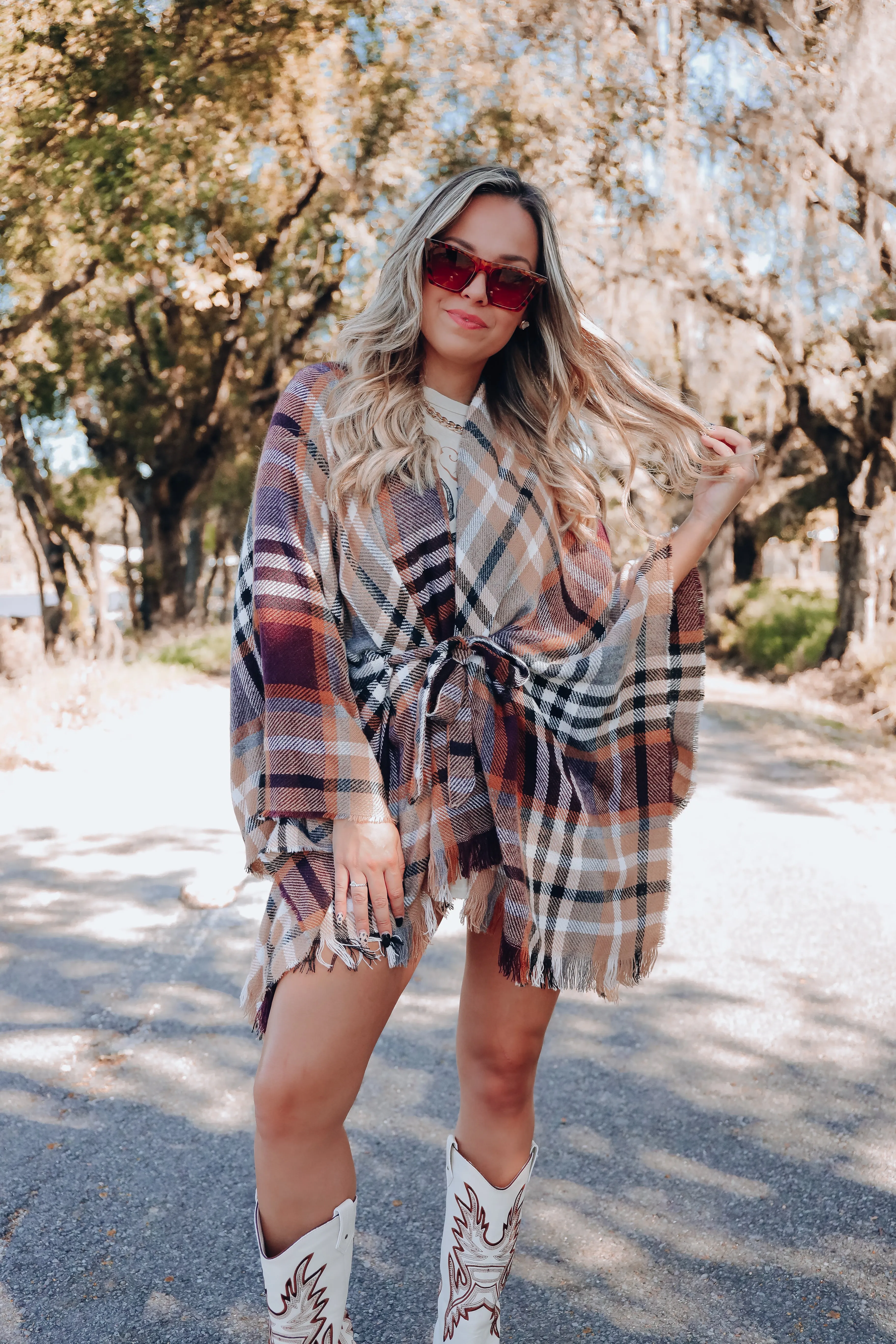 Ruana Belted Plaid Poncho - Black/Camel