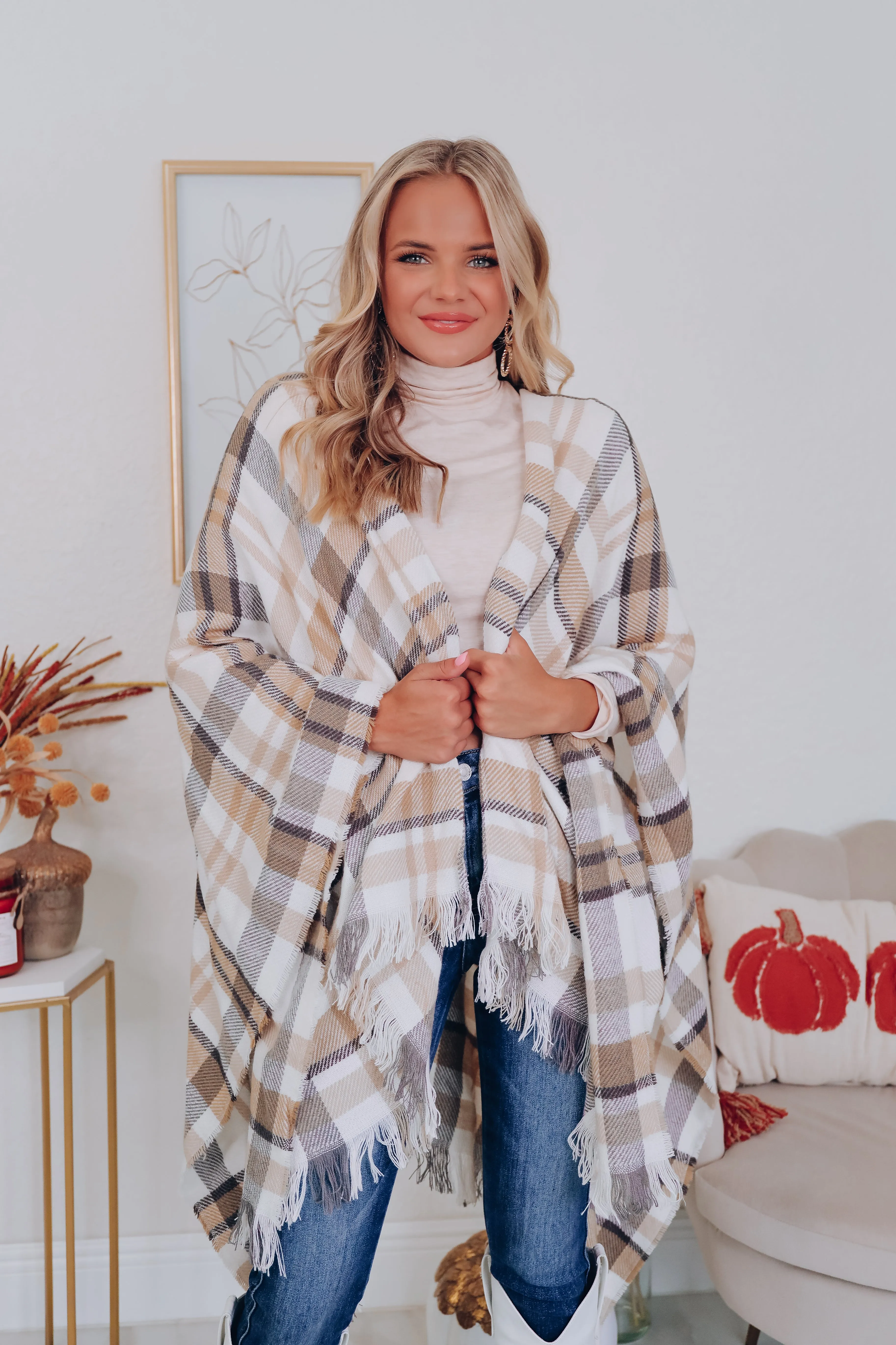 Ruana Belted Plaid Poncho - Camel