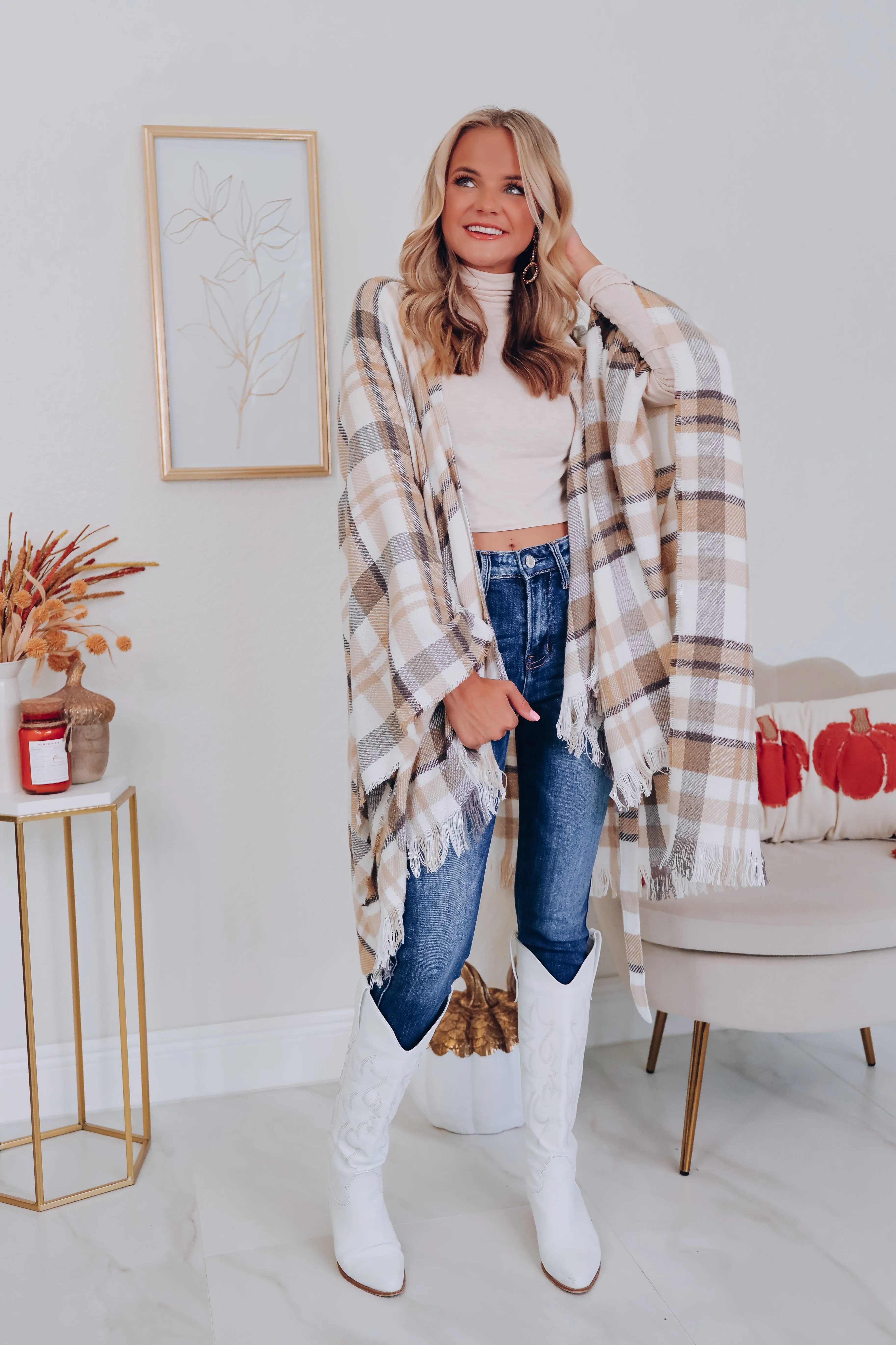 Ruana Belted Plaid Poncho - Camel