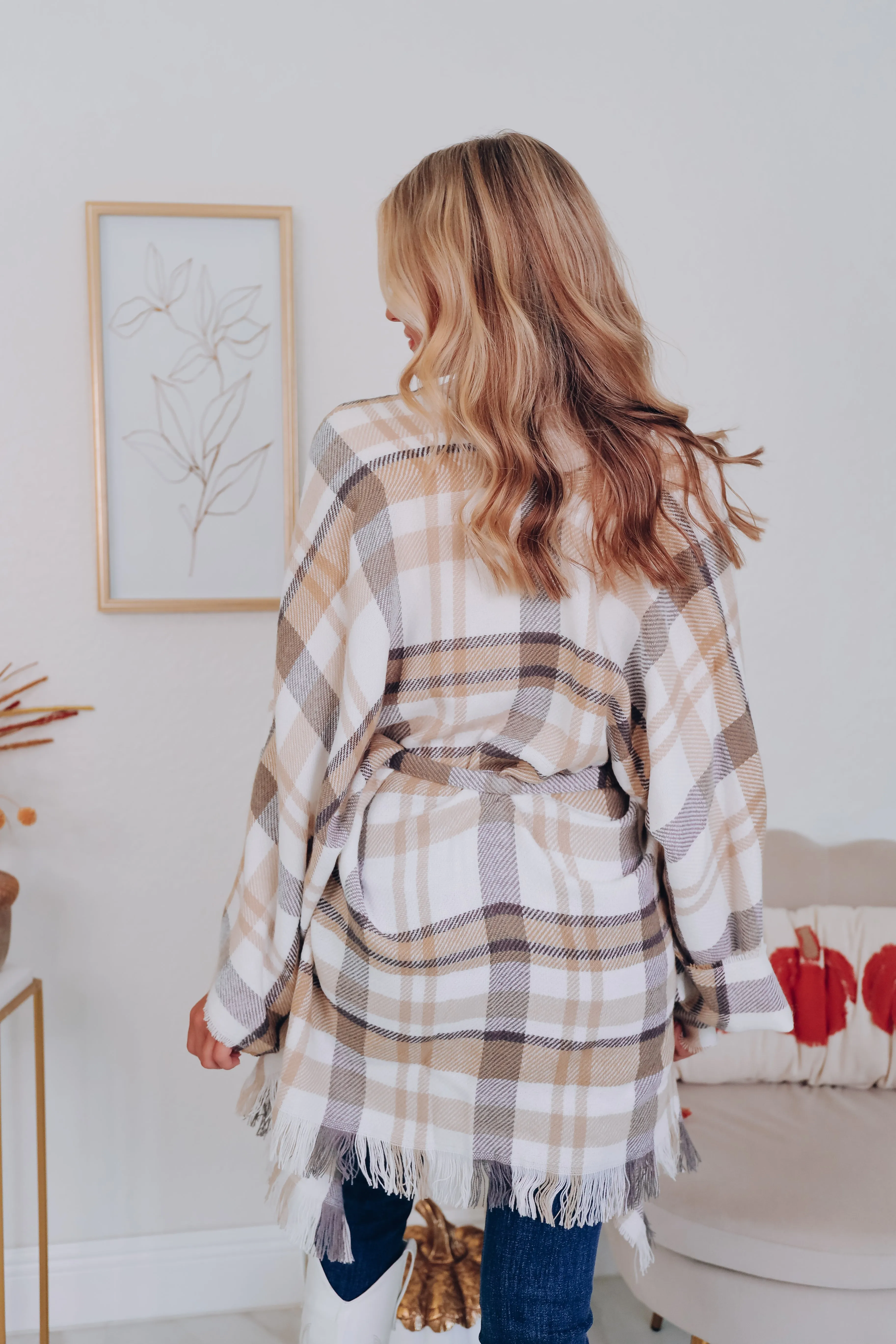 Ruana Belted Plaid Poncho - Camel