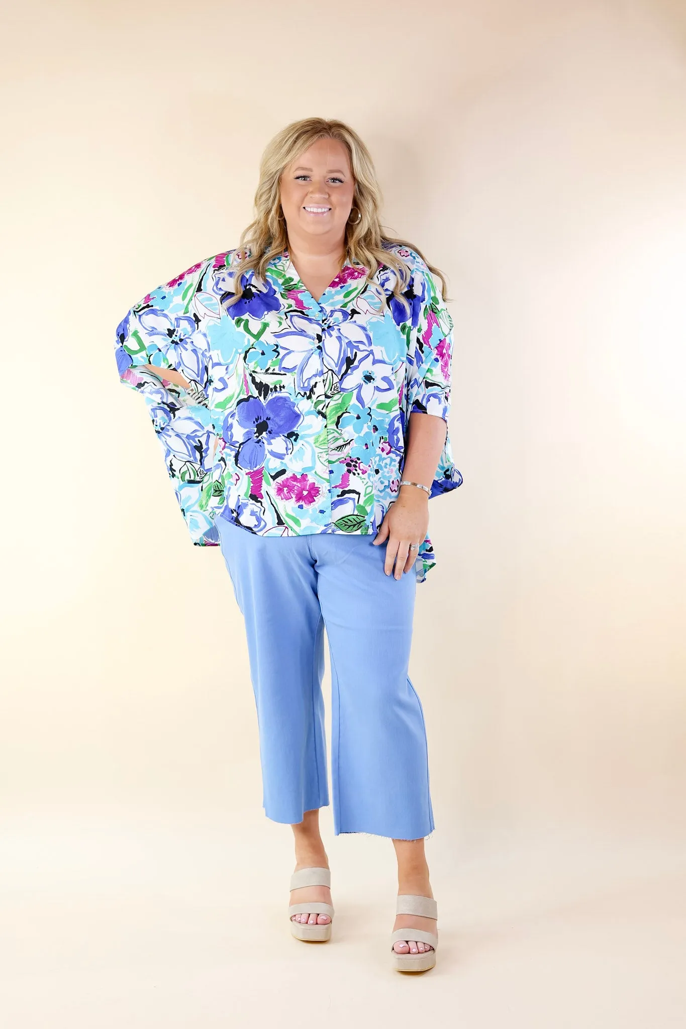 Sailing Away Floral Button Up Poncho Top in Blue Mix