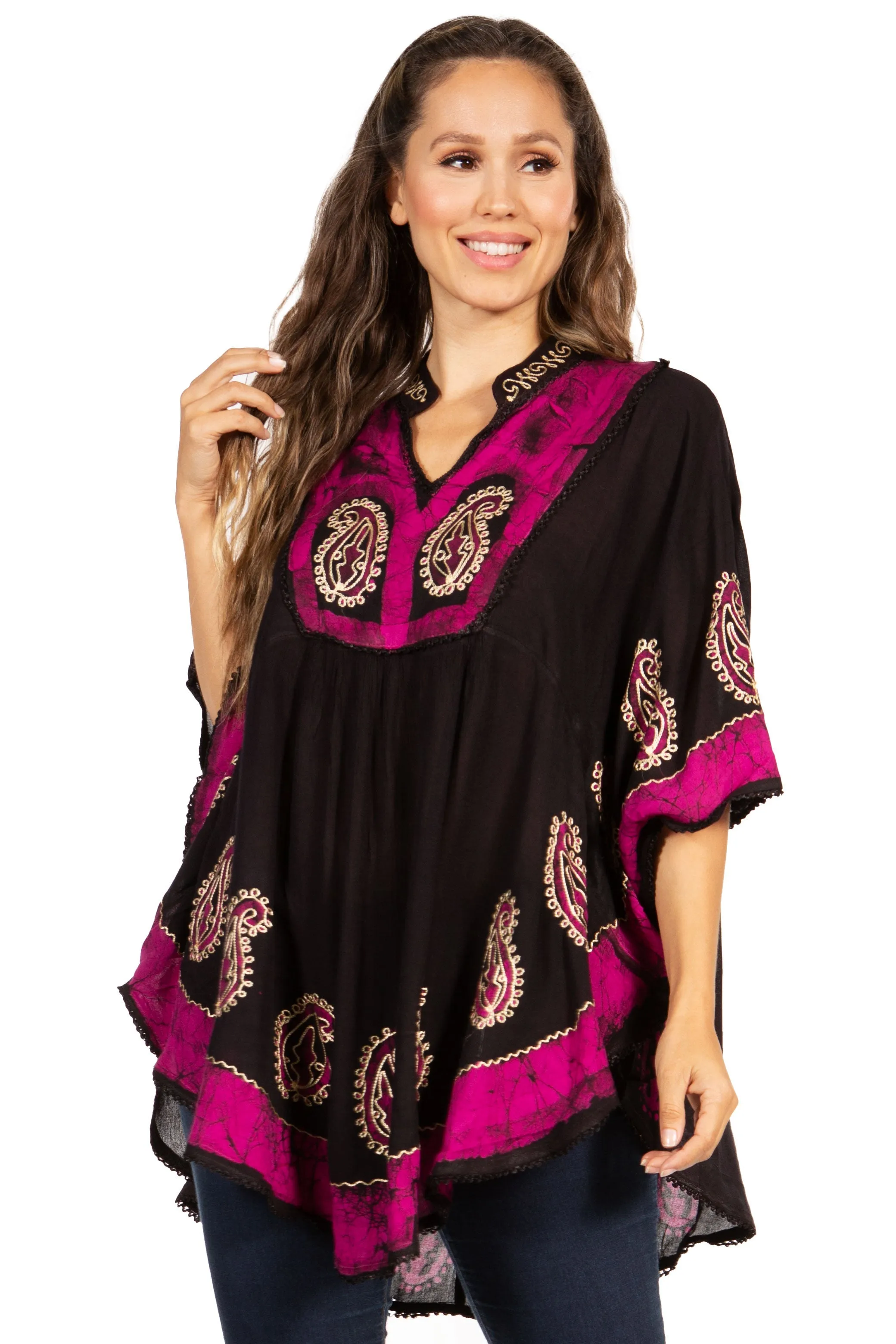 Sakkas  Amori V-Neck Embroidery Poncho Top / Cover Up