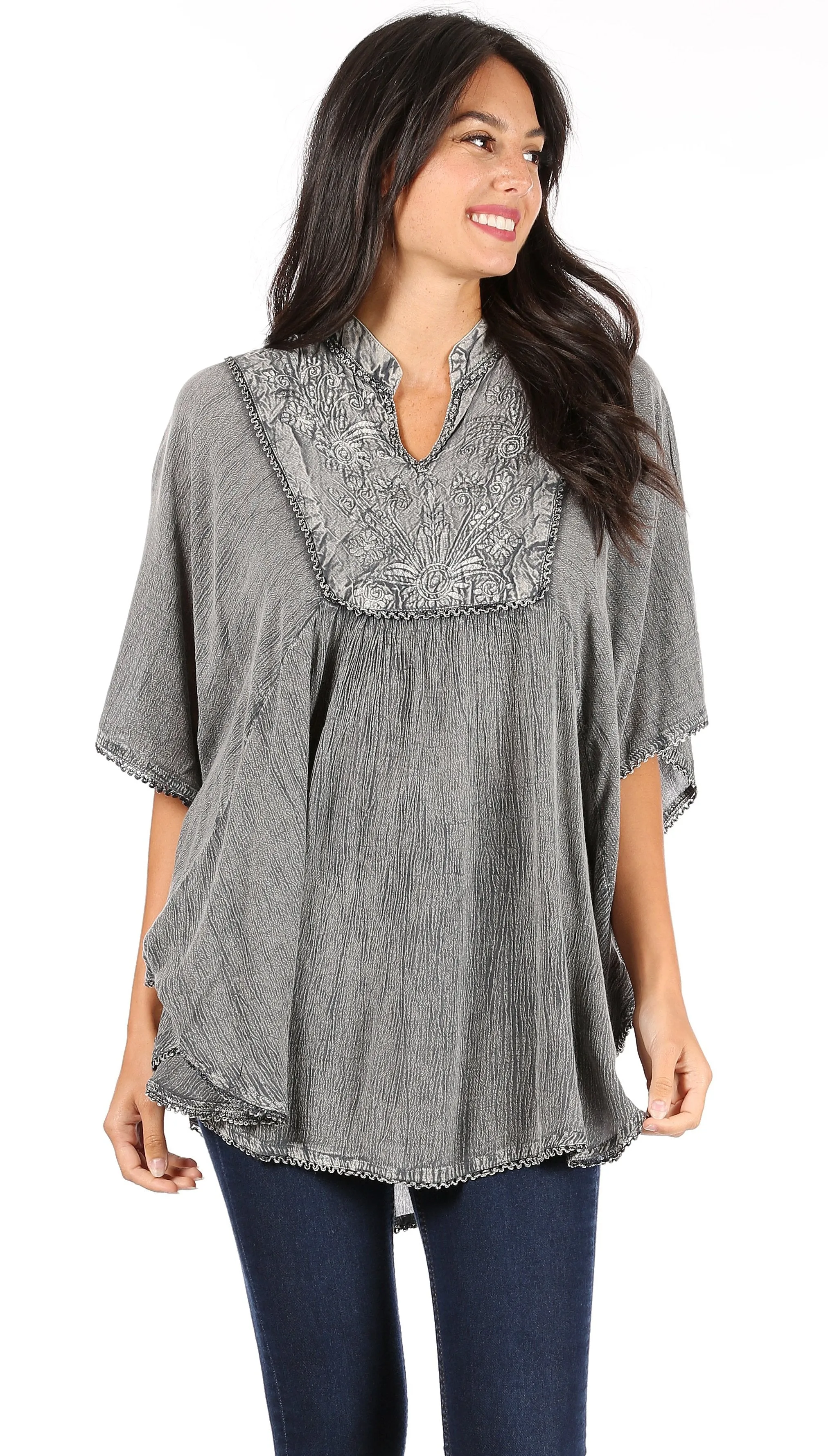 Sakkas  Amori V-Neck Embroidery Poncho Top / Cover Up