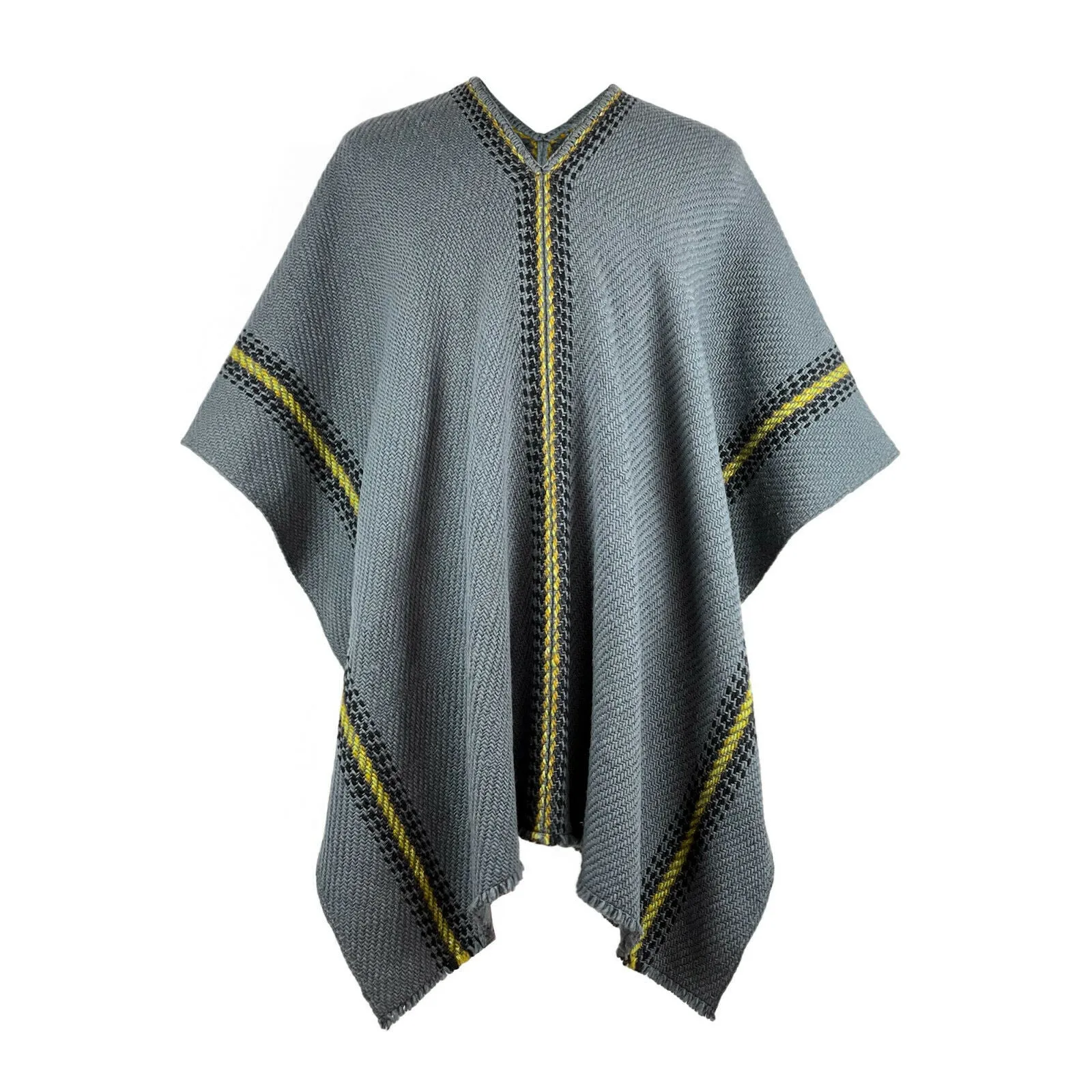 Saquea - Llama Wool Unisex South American Handwoven Thick Serape Poncho - striped - gray