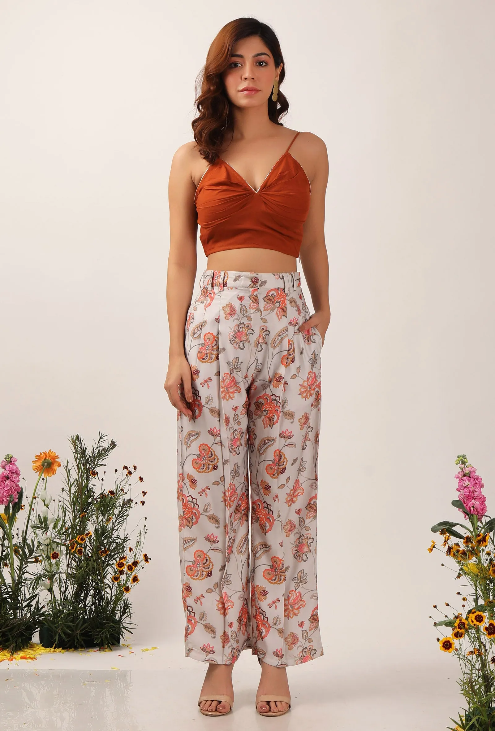 Set Of 3: Cara Floral Chintz Summer Blazer With Bustier Top & Trouser Pant