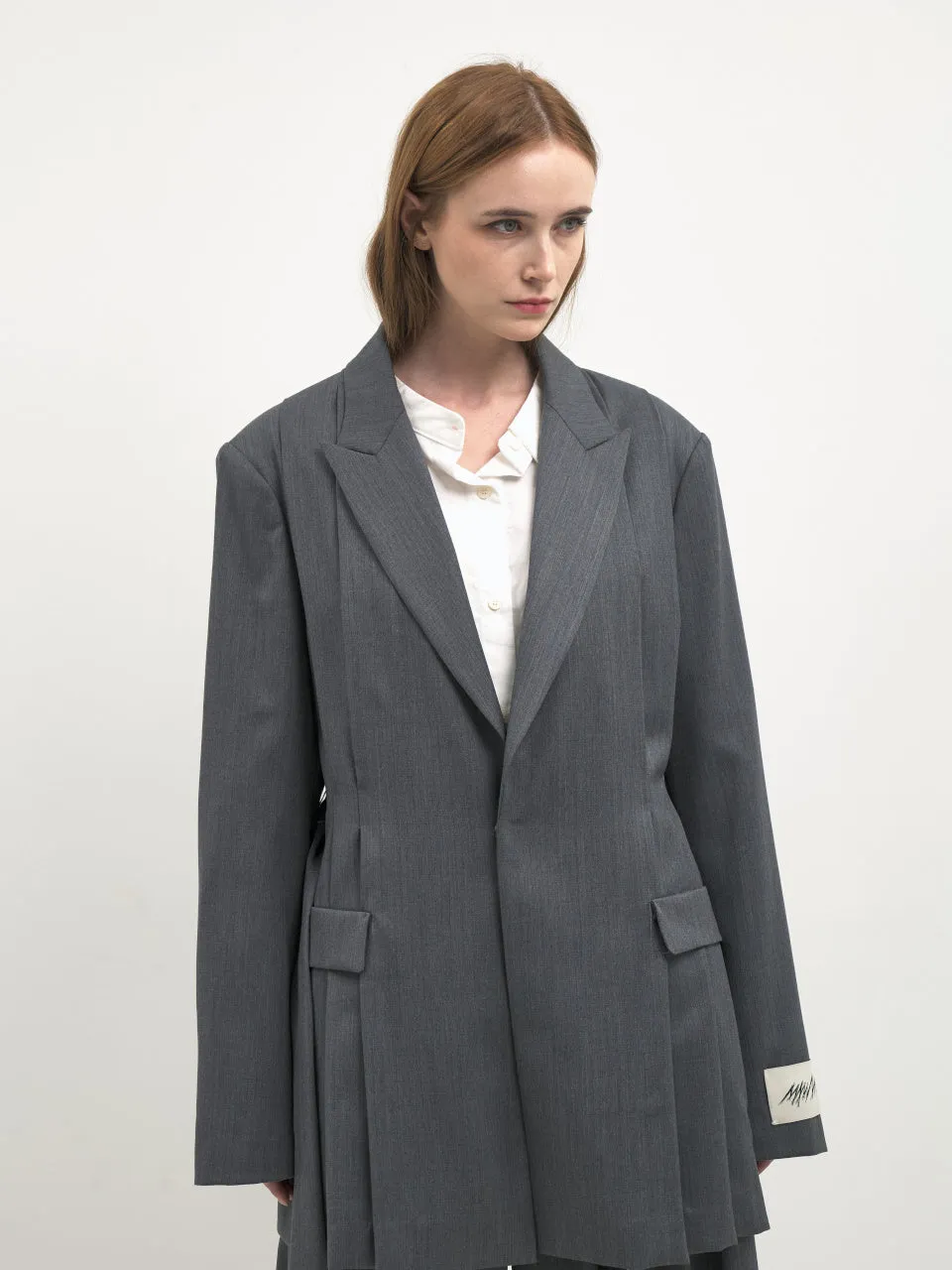 Side pleated strap loose fit blazer gray