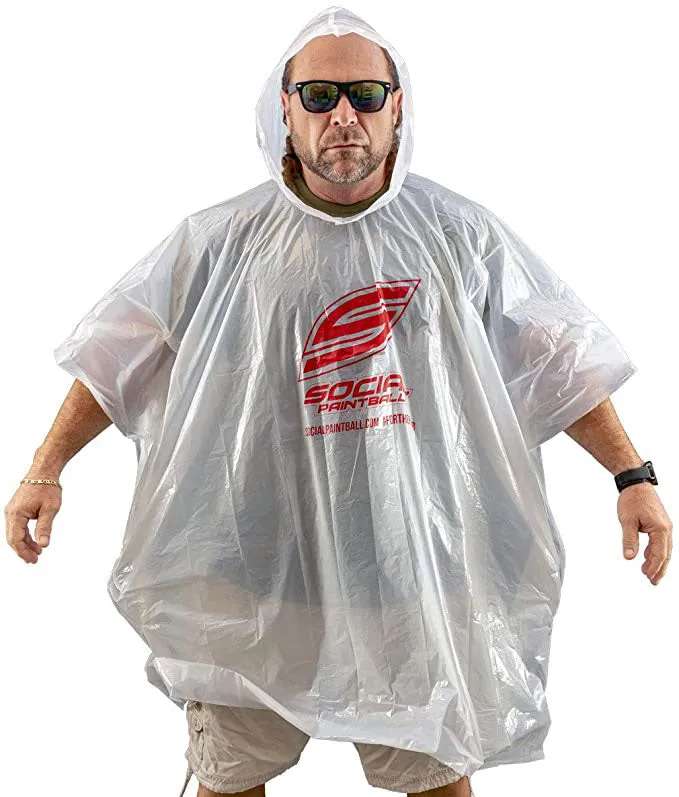 Social Paintball Disposable Rain Poncho w/ Hood for Adults 100% Waterproof