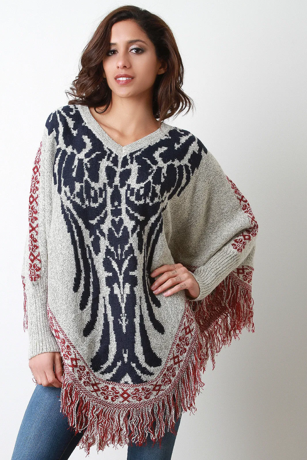 Southwestern Knit Asymmetrical Fringe Poncho