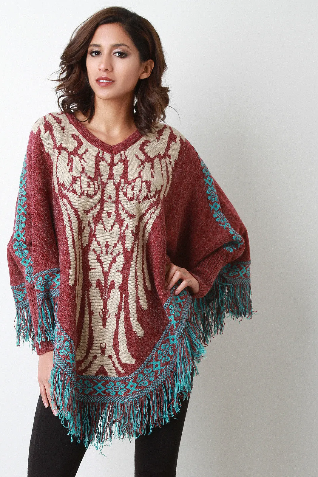 Southwestern Knit Asymmetrical Fringe Poncho