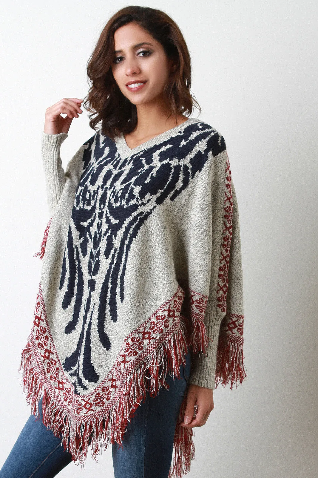 Southwestern Knit Asymmetrical Fringe Poncho