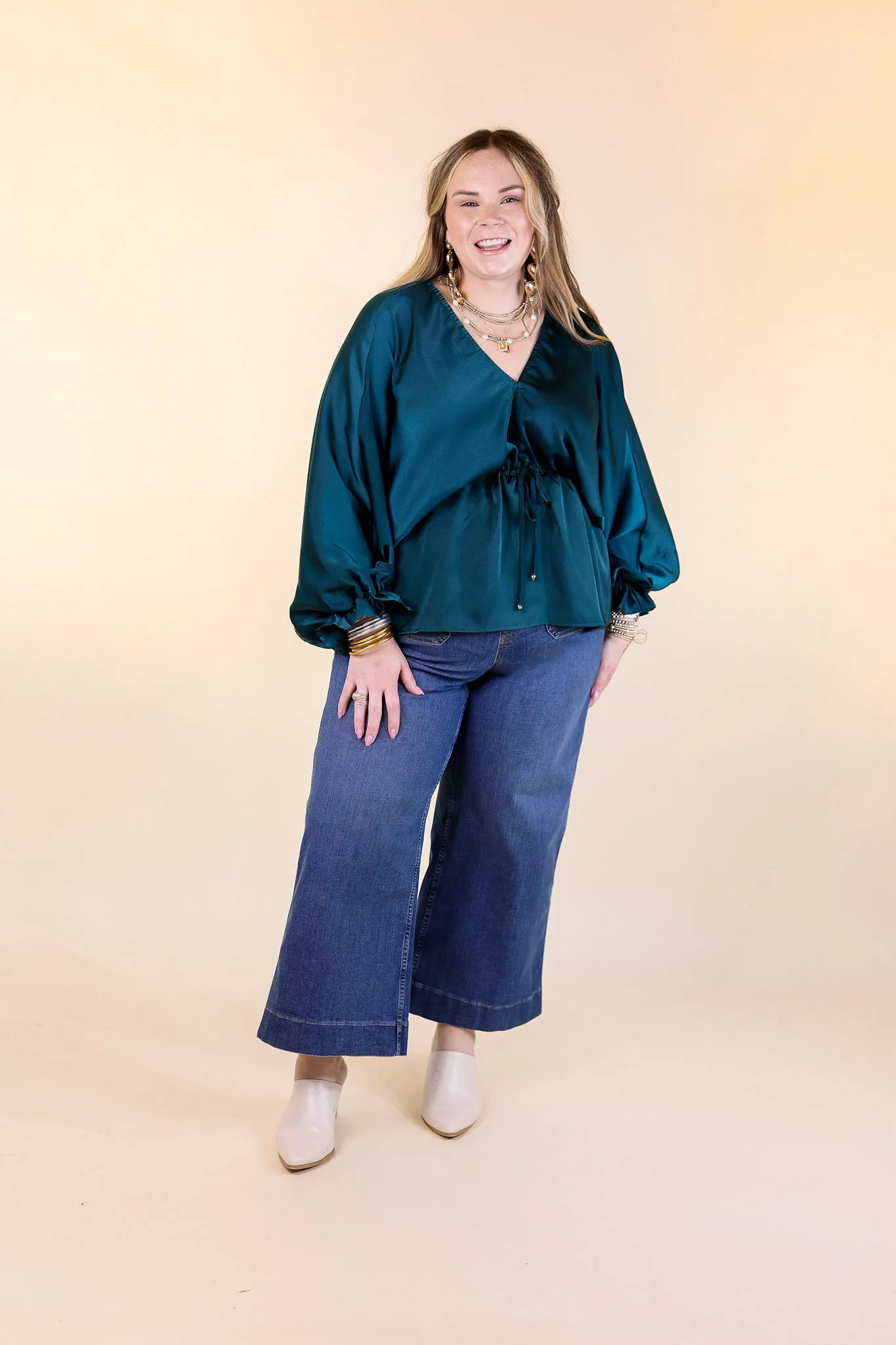 Stating Facts Satin Top with Drawstring Waist in Teal