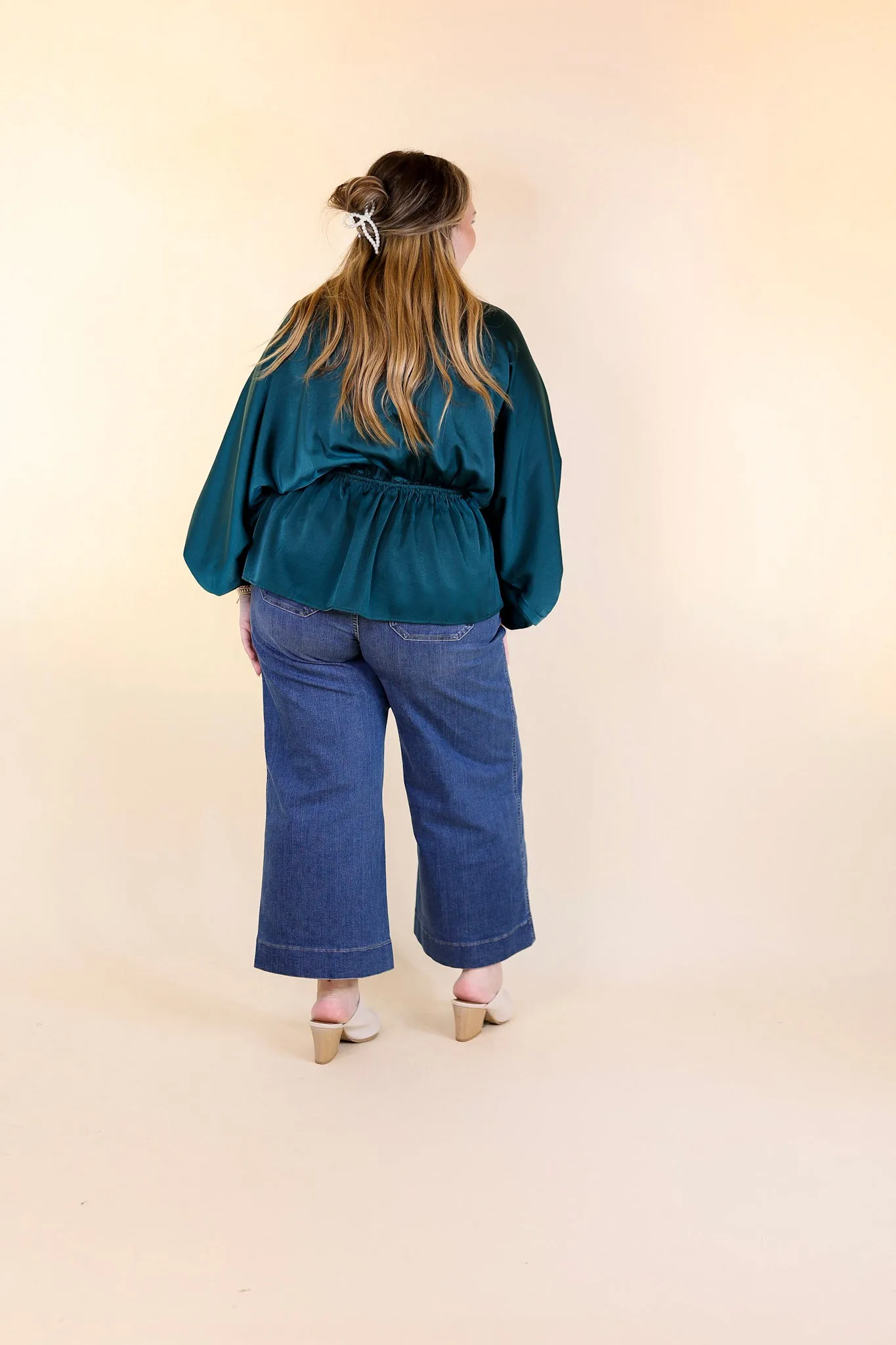 Stating Facts Satin Top with Drawstring Waist in Teal