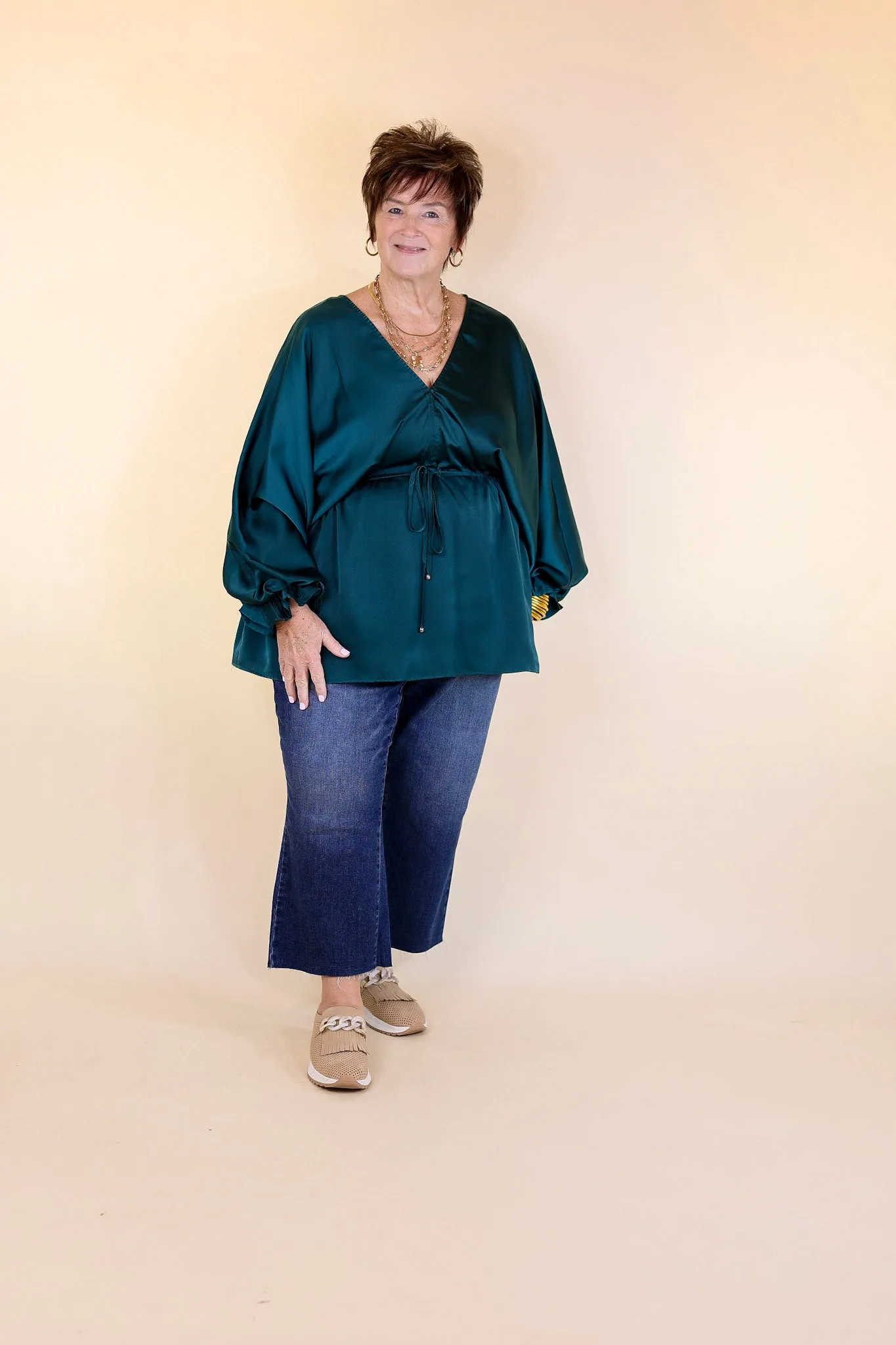 Stating Facts Satin Top with Drawstring Waist in Teal