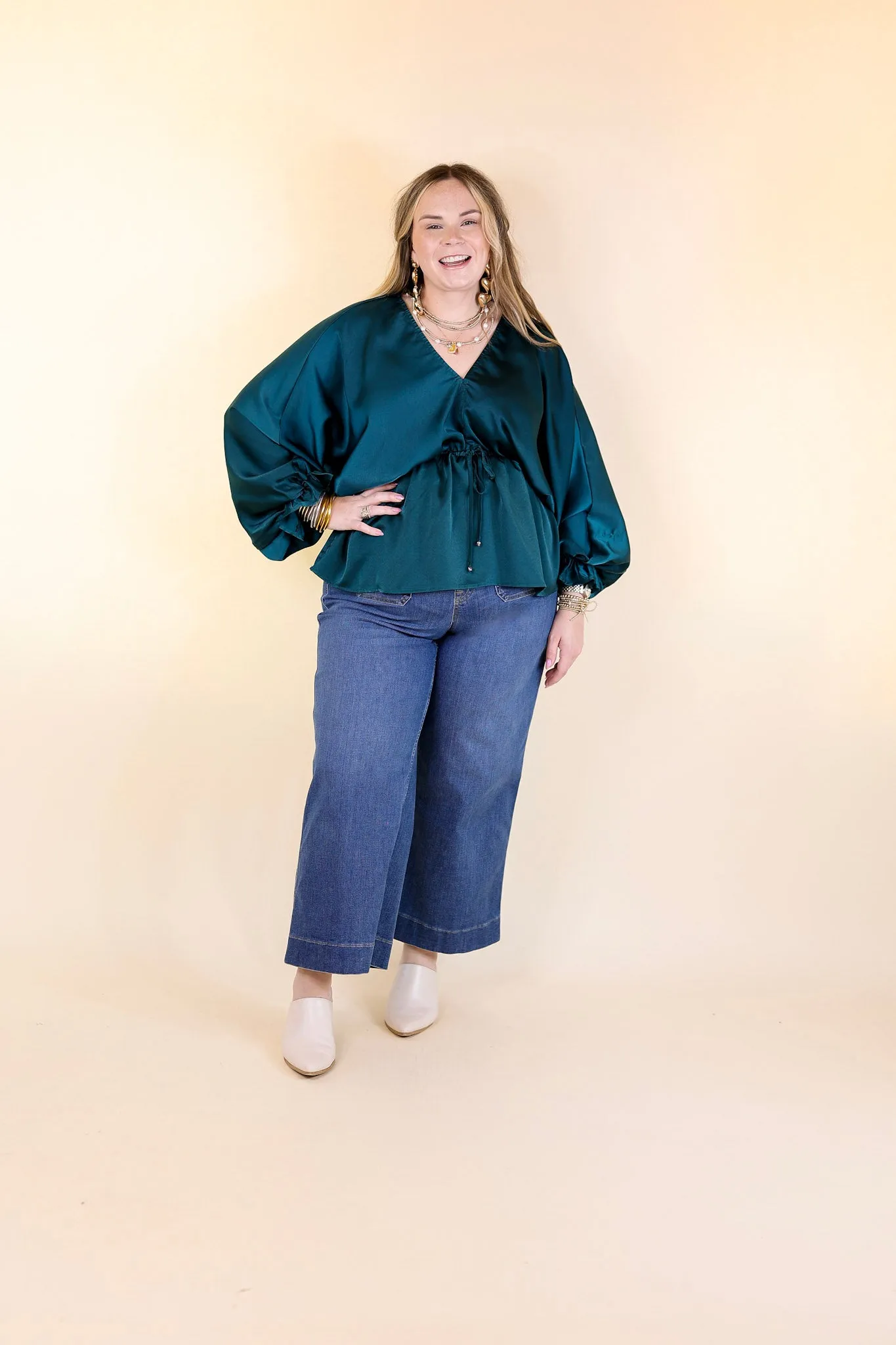 Stating Facts Satin Top with Drawstring Waist in Teal