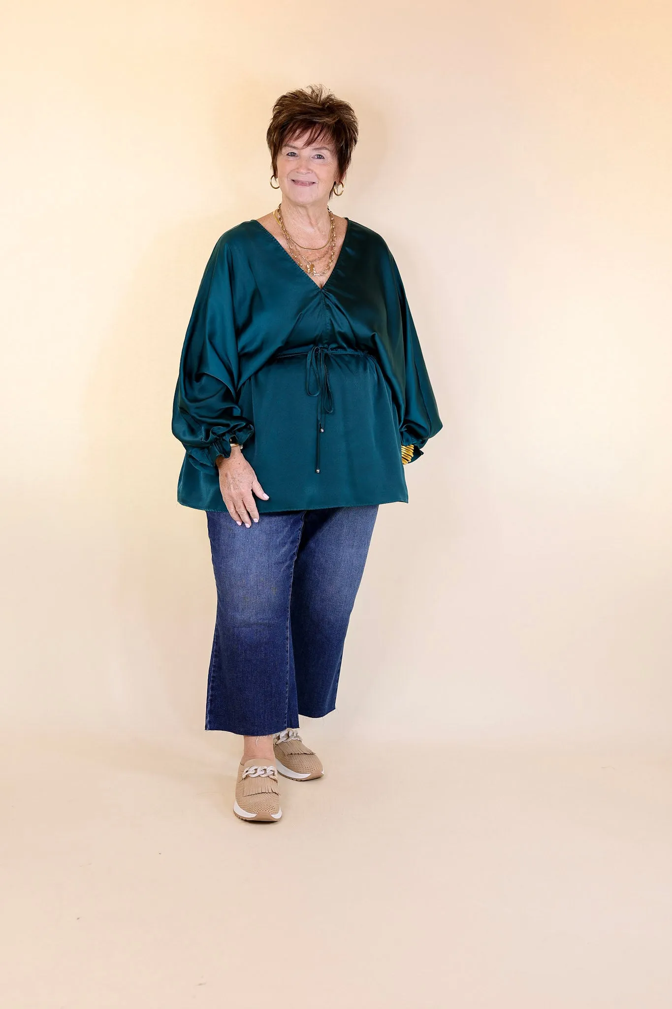 Stating Facts Satin Top with Drawstring Waist in Teal