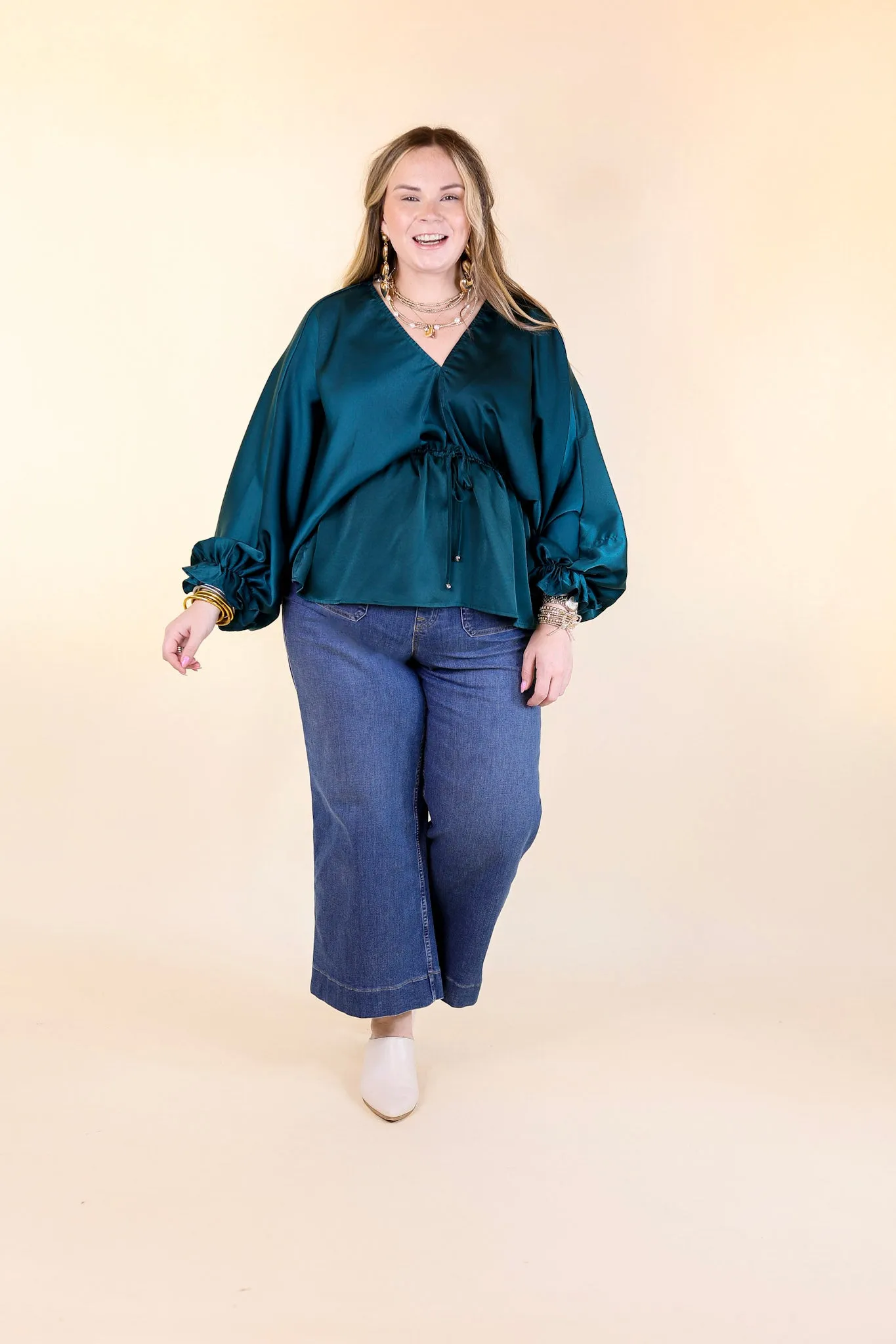 Stating Facts Satin Top with Drawstring Waist in Teal