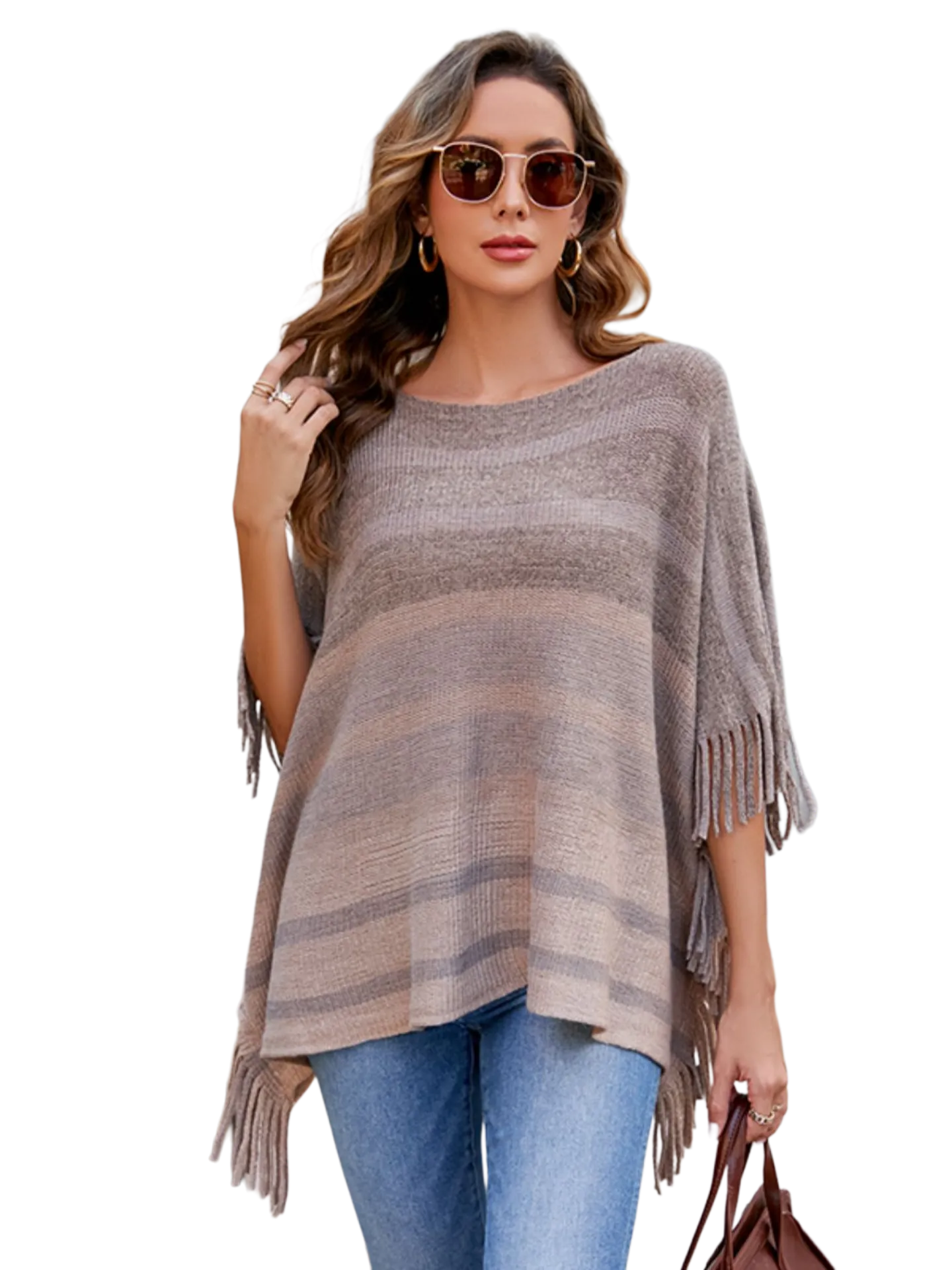 Striped Boat Neck Poncho with Fringes