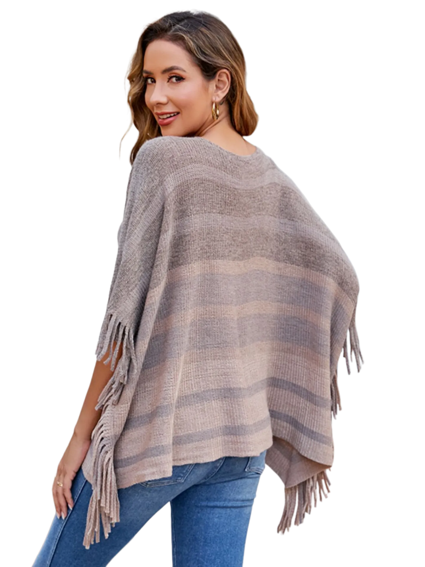 Striped Boat Neck Poncho with Fringes