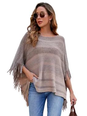 Striped Boat Neck Poncho with Fringes