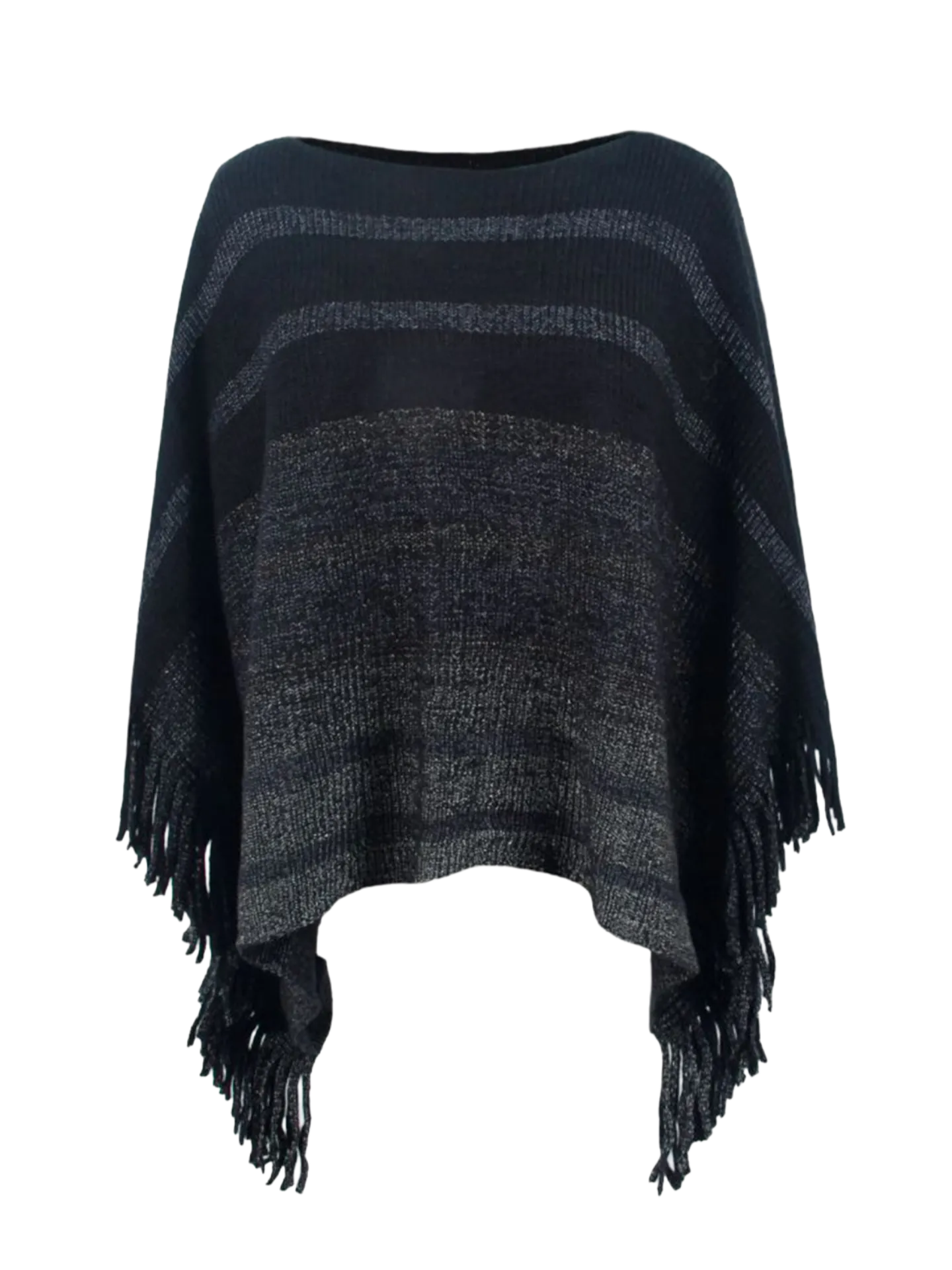 Striped Boat Neck Poncho with Fringes