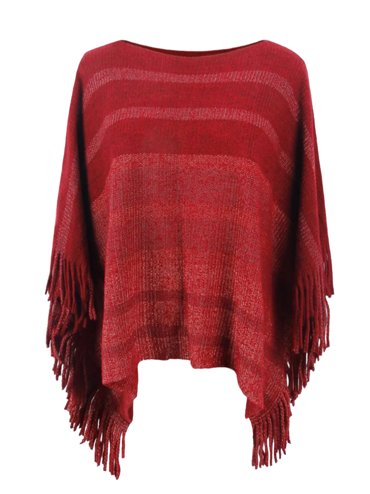 Striped Boat Neck Poncho with Fringes