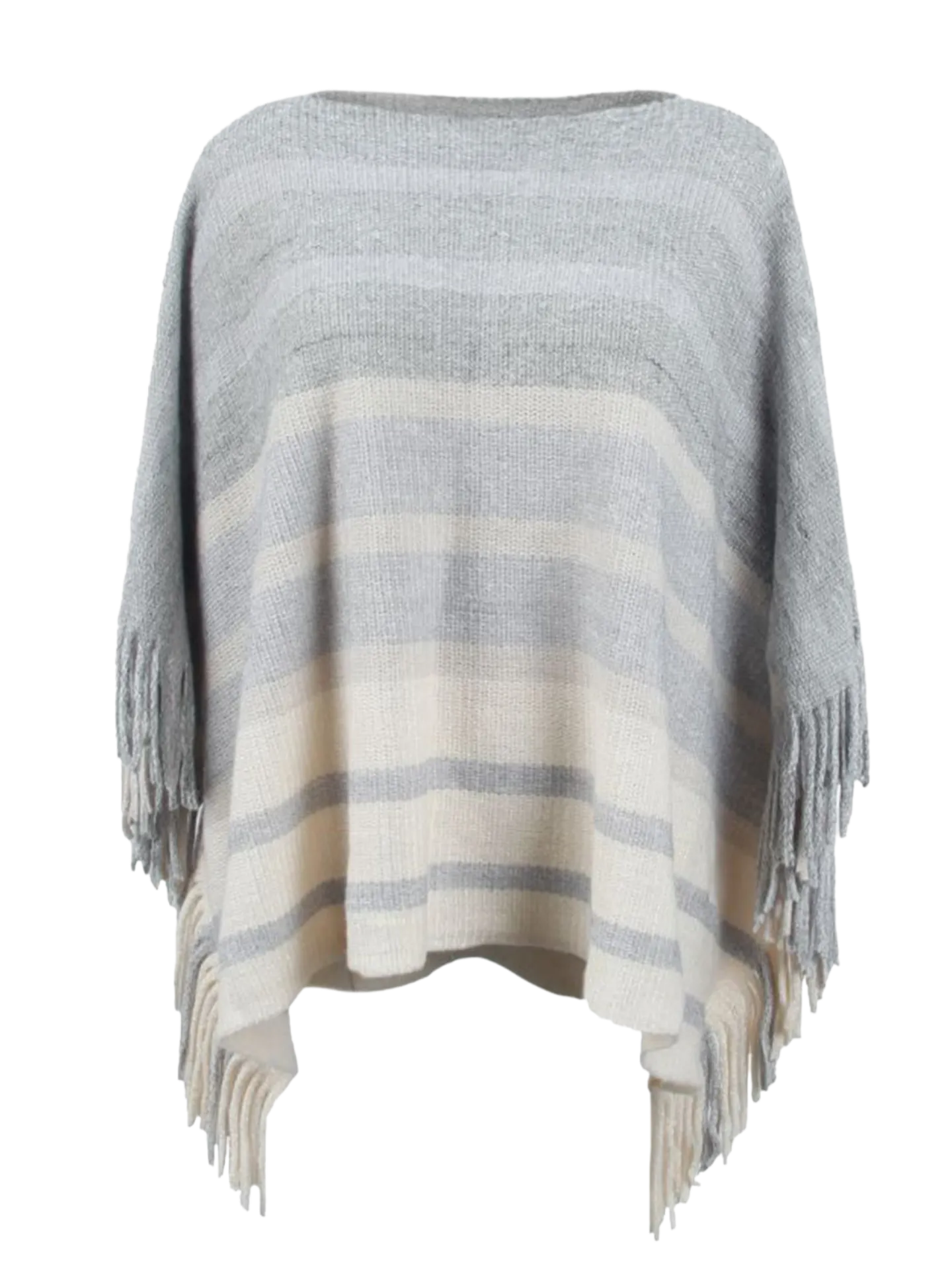 Striped Boat Neck Poncho with Fringes