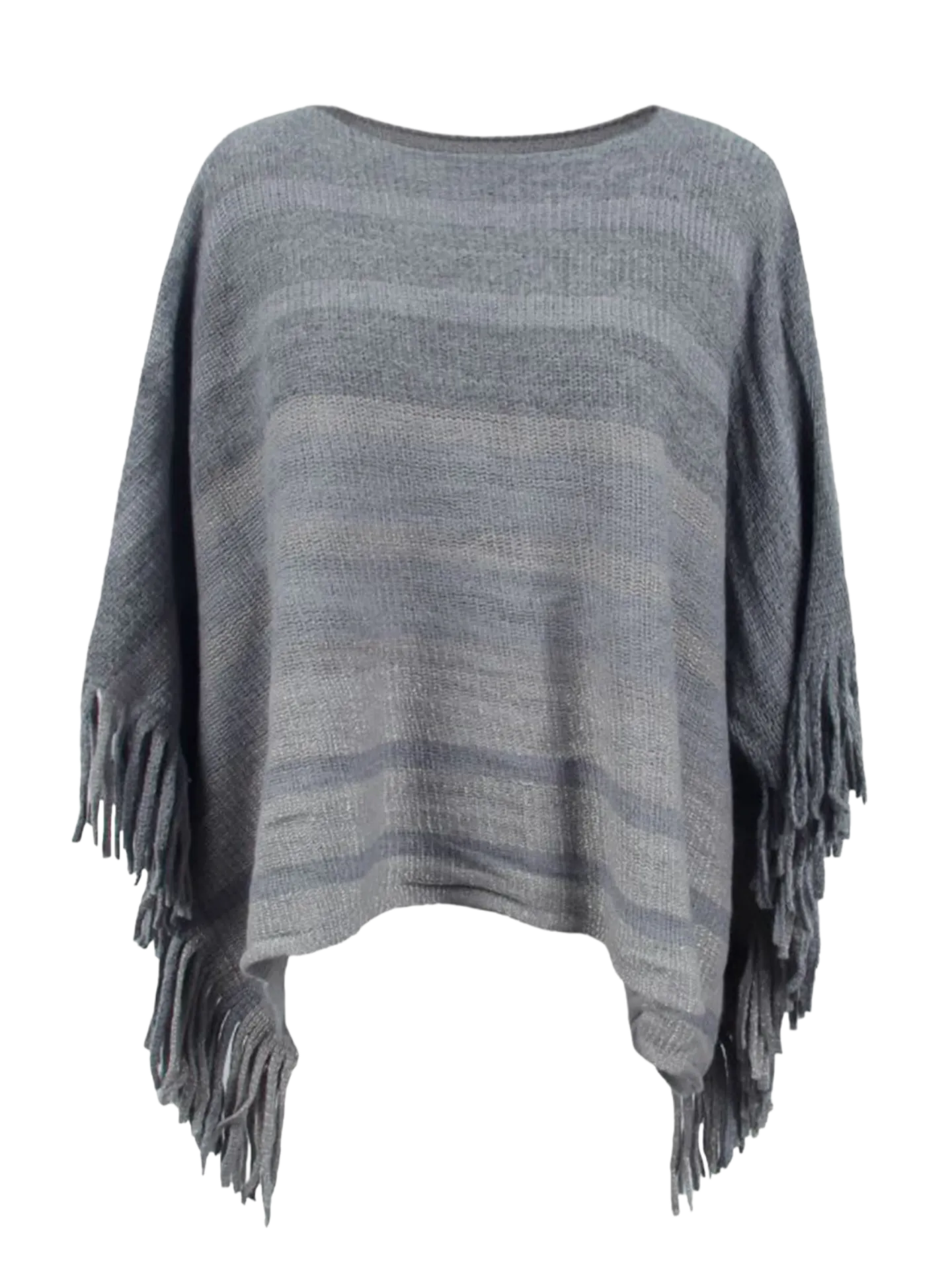 Striped Boat Neck Poncho with Fringes