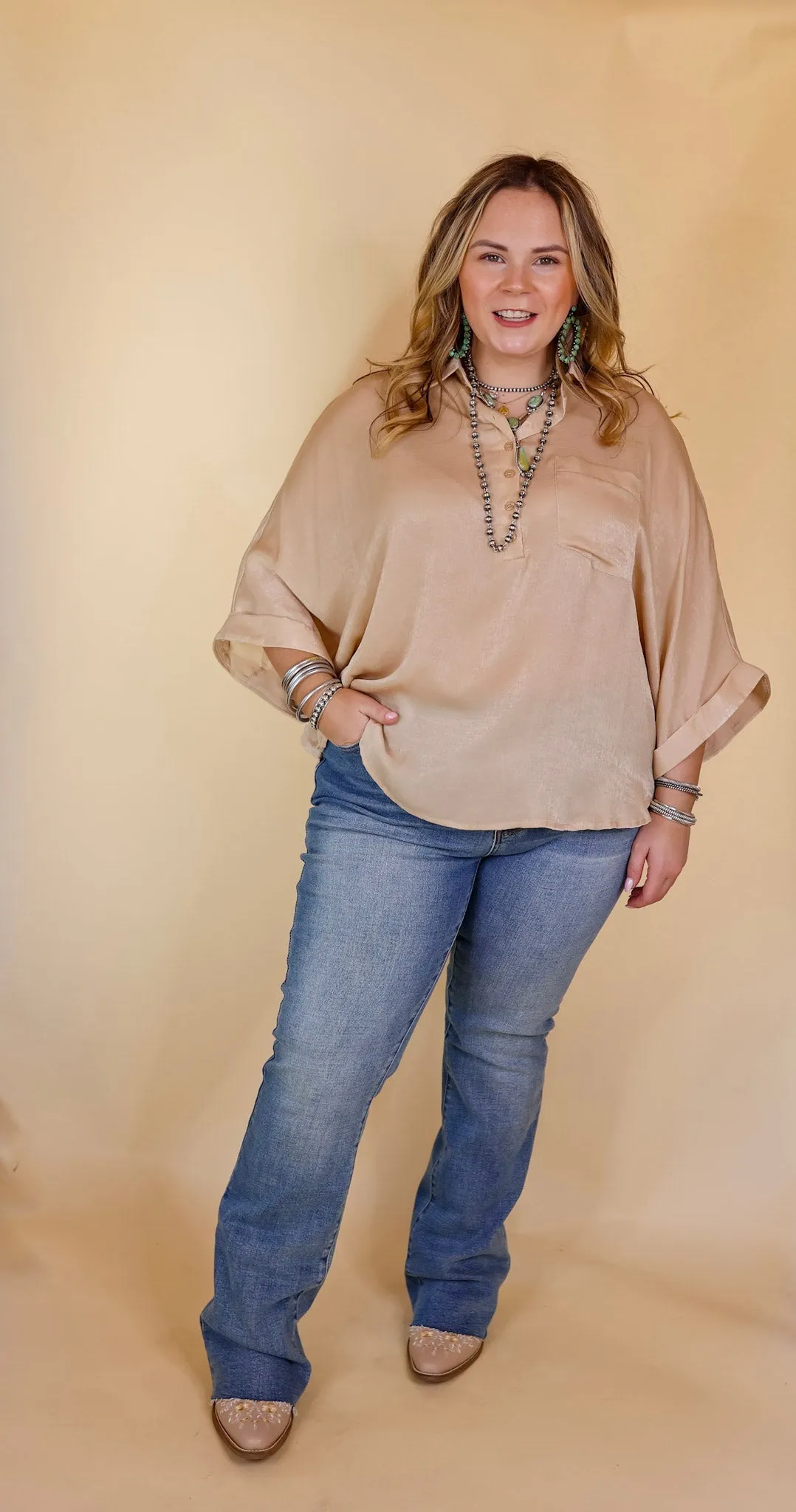 Sweet Surprise Half Button Up Poncho Top with Collared Neckline in Champagne